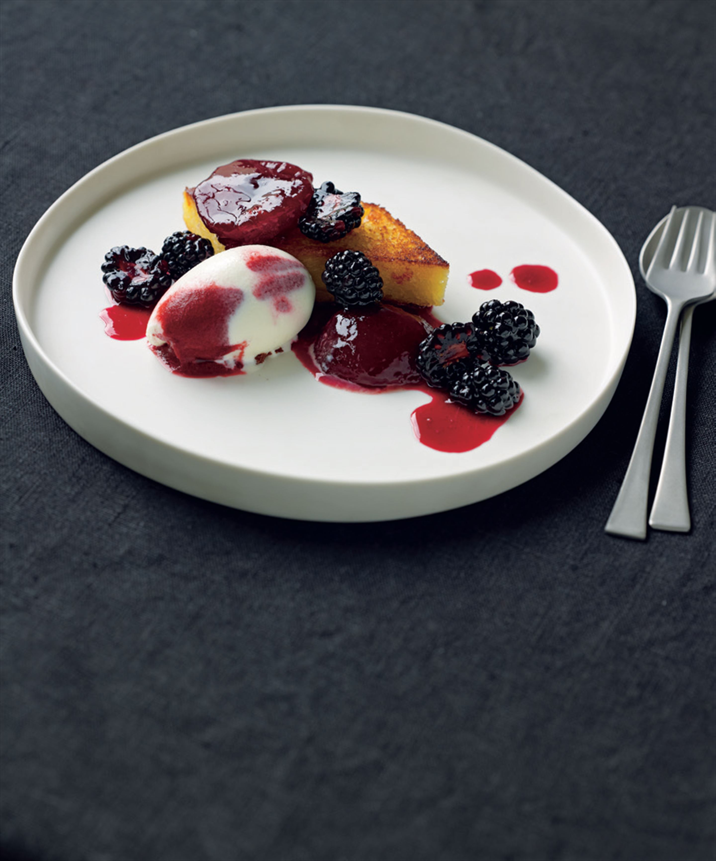 Pain perdu with blood plum and blackberry and yoghurt sorbet