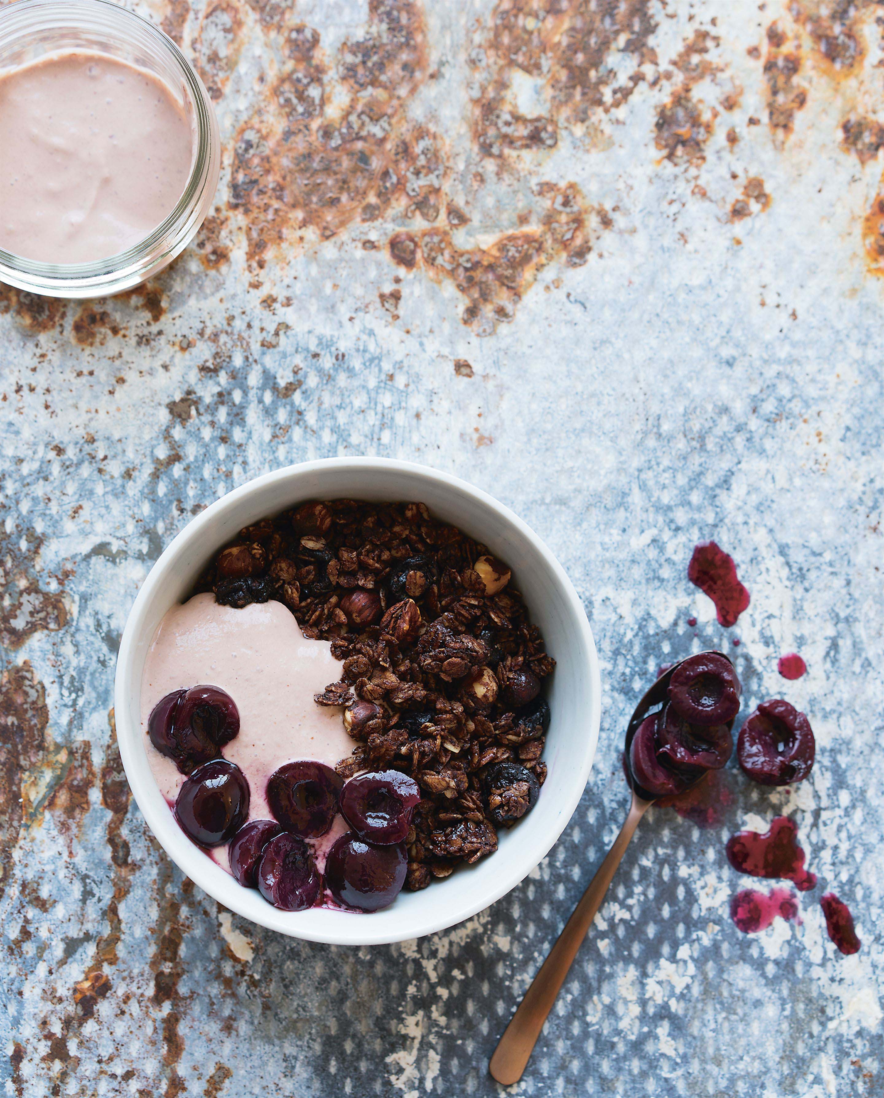 Black forest granola with cherry yoghurt + cherry compote