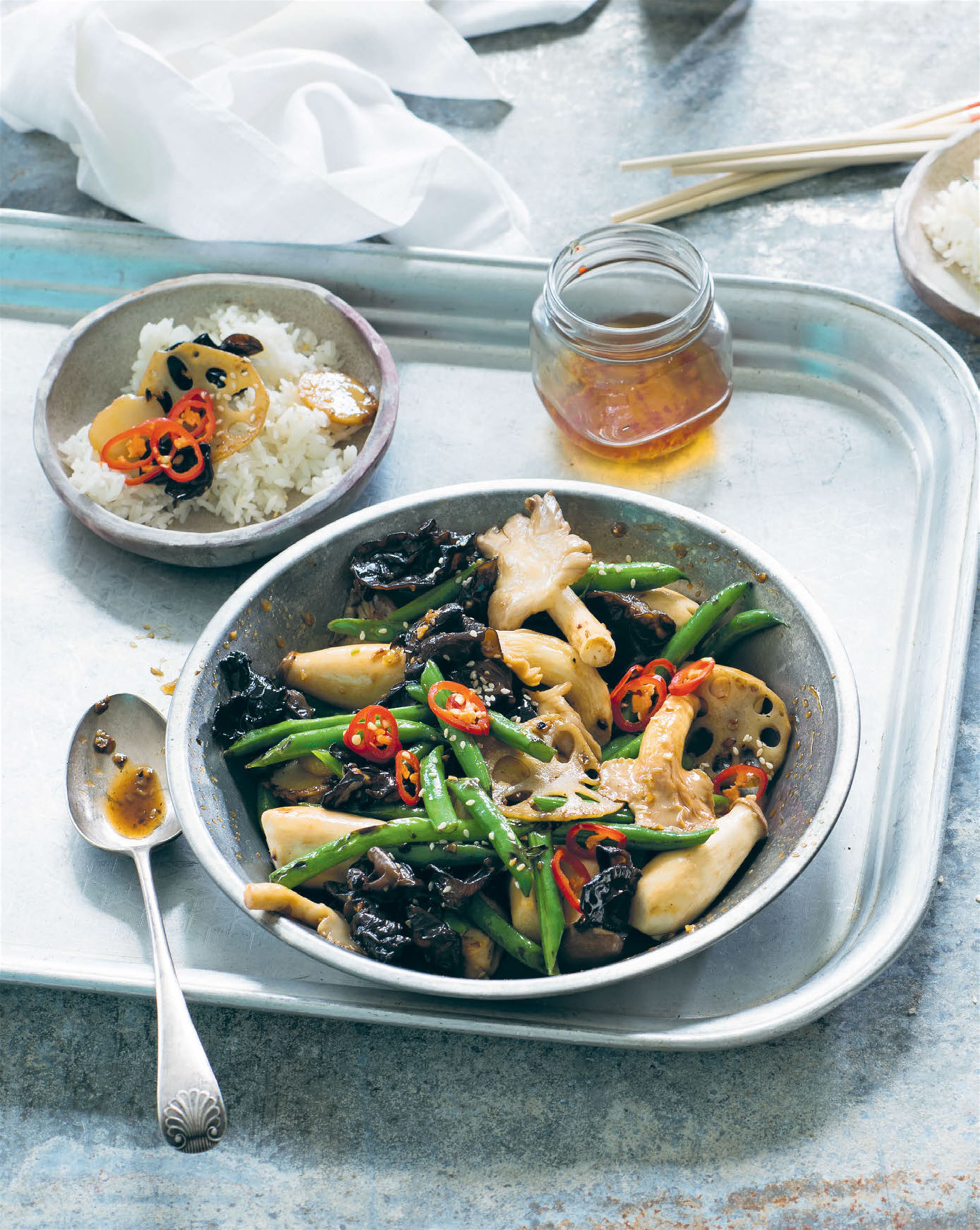 French beans wok-tossed with Asian mushrooms, lotus root & water chestnuts