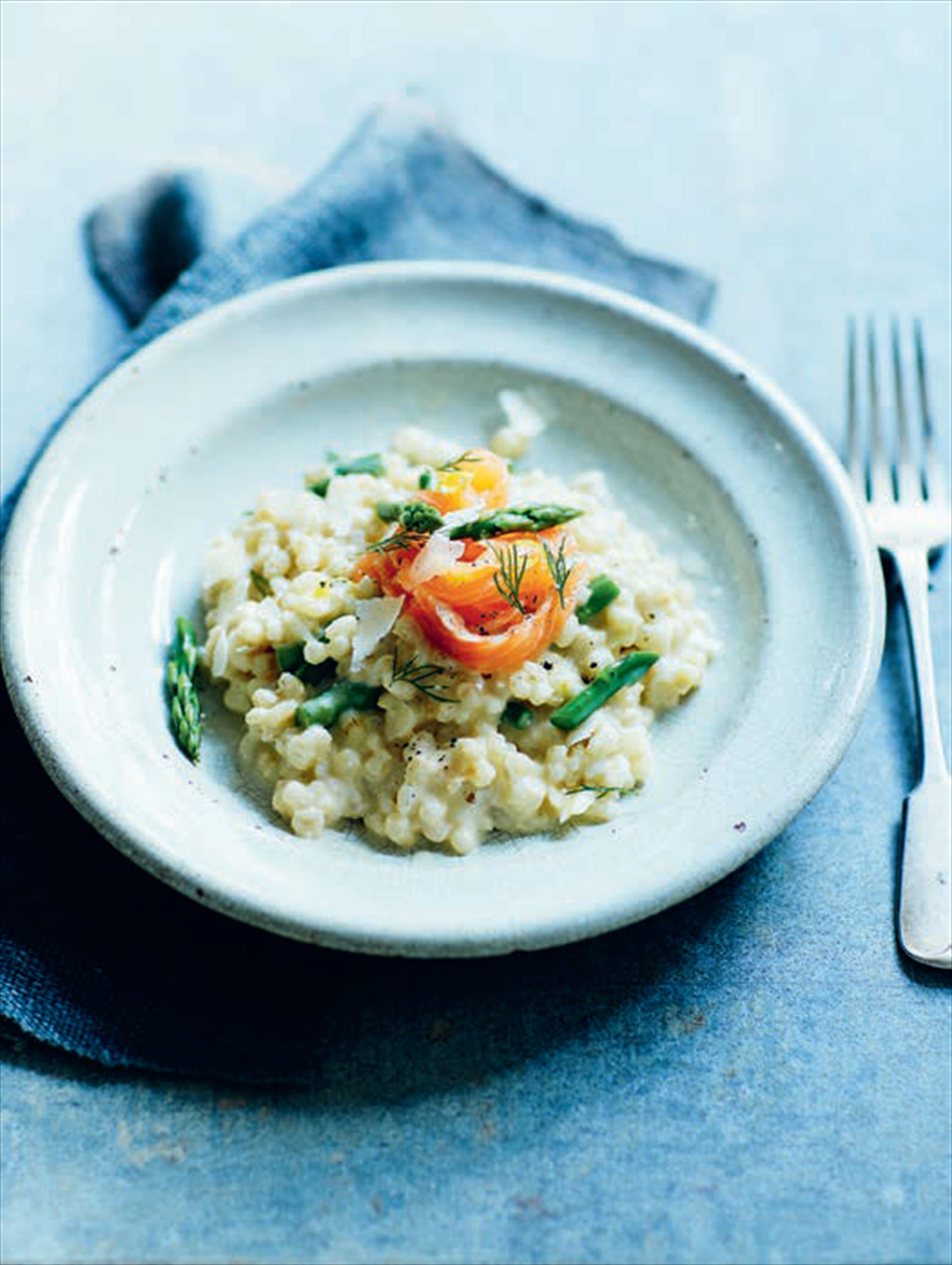 Creamy pearl barley risotto with smoked garlic, asparagus & quick cured salmon