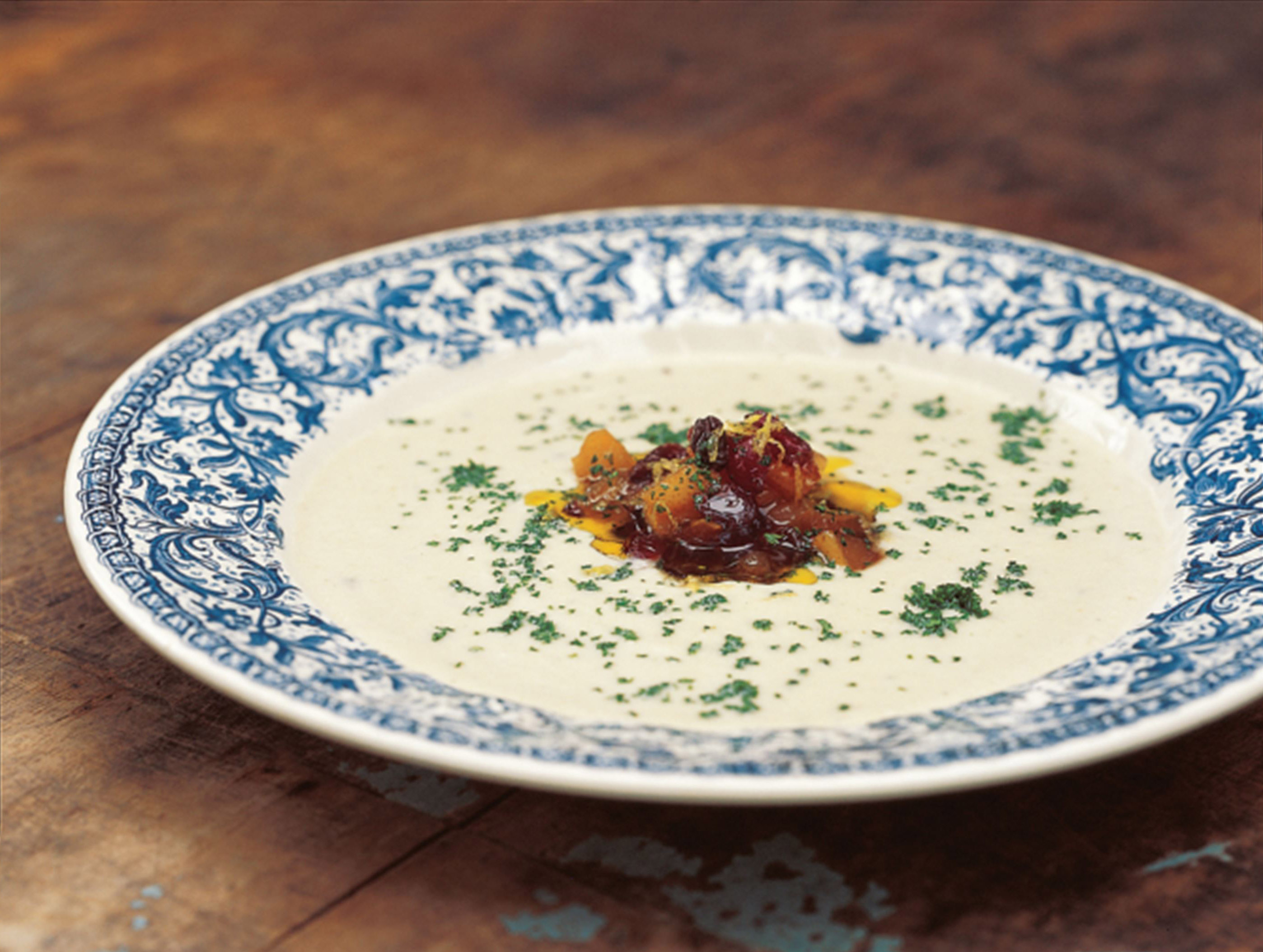 Cauliflower soup with gorgonzola and pickled pear relish