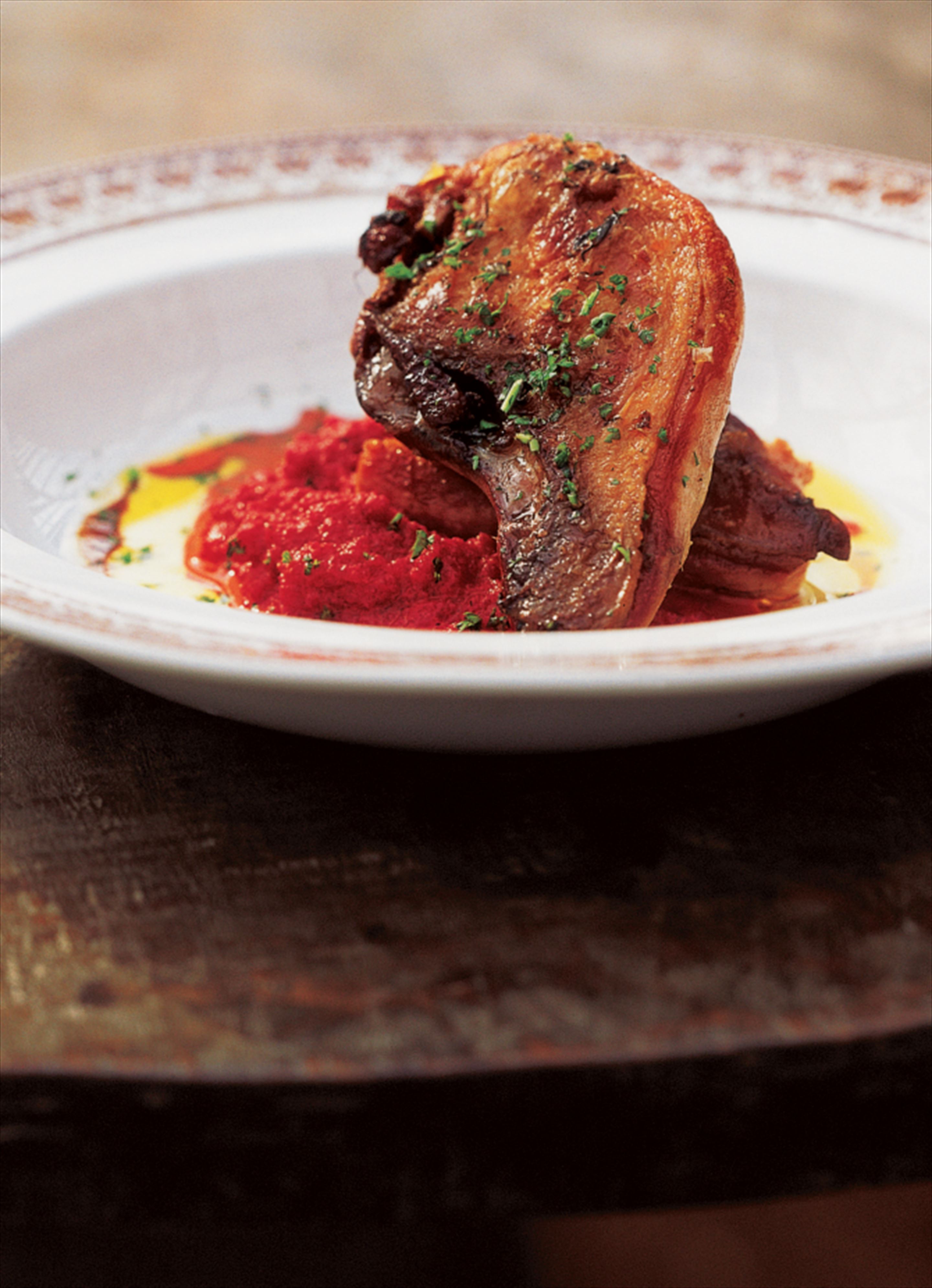 Pheasant with beetroot and roasted tomato purée