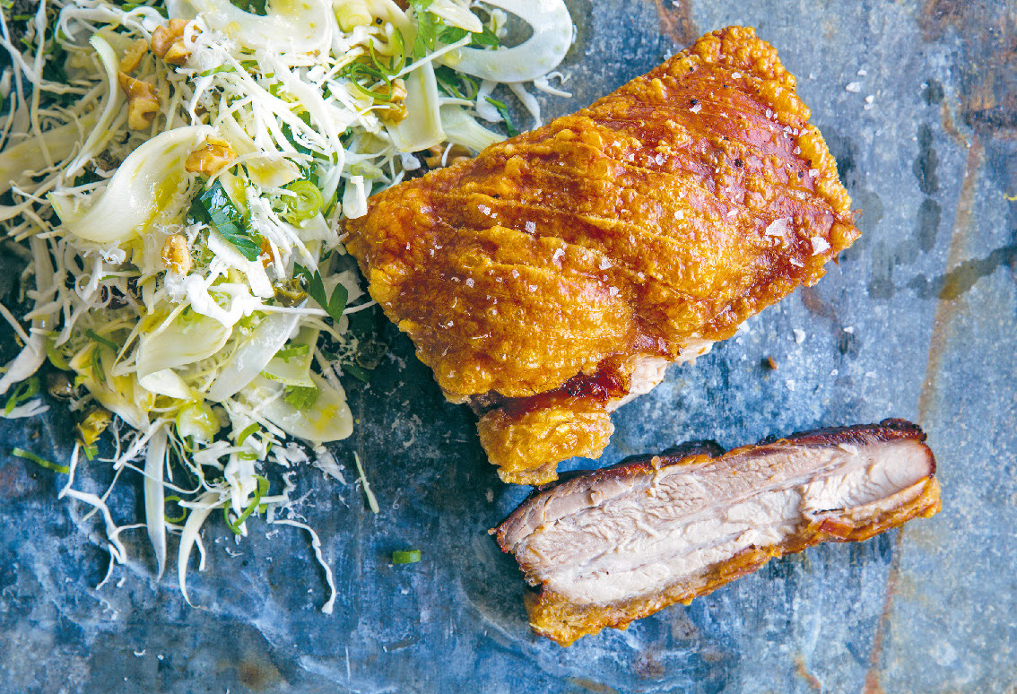 Roasted pork with Tuscan slaw and crackling