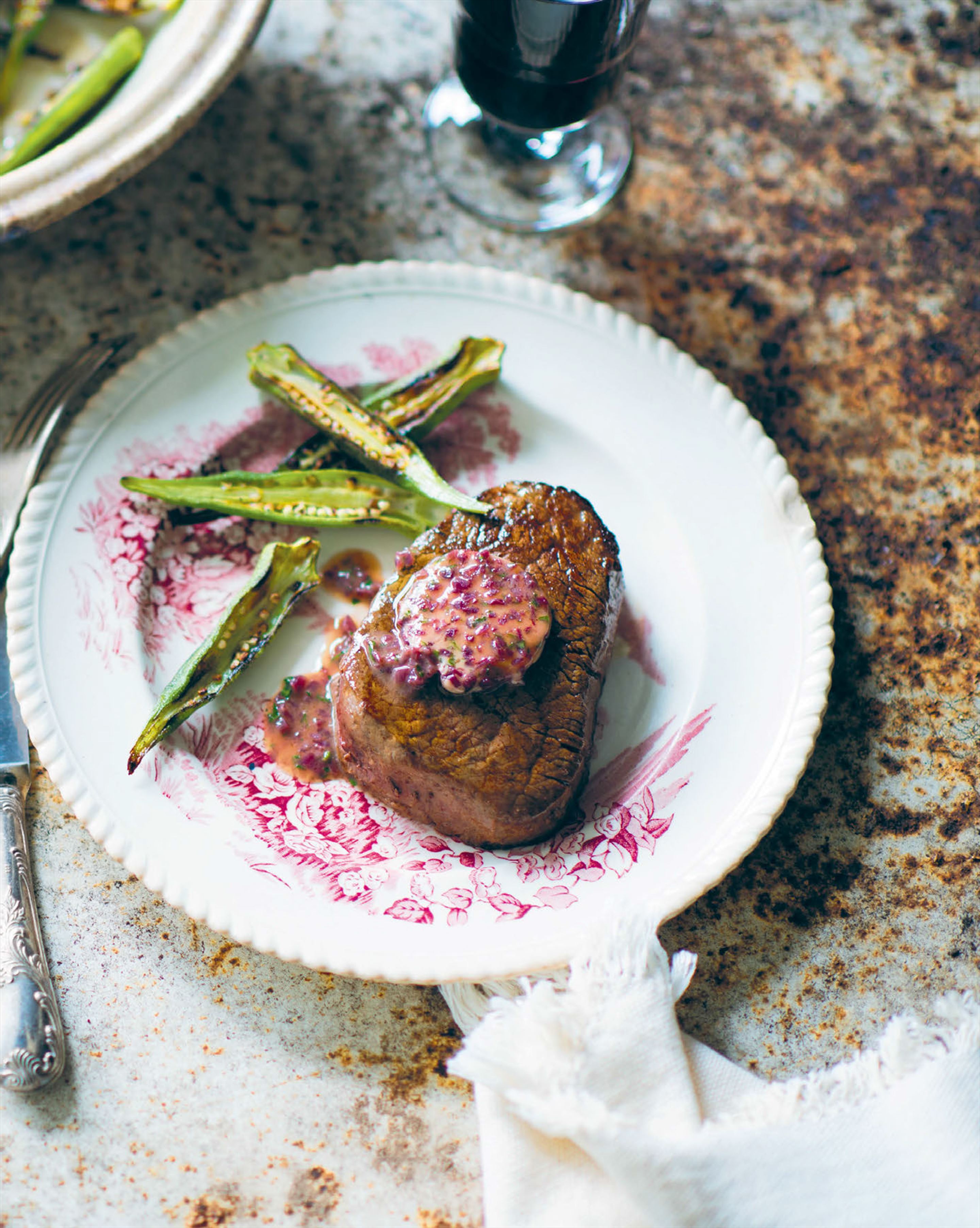 Scotch fillet with okra & red asian shallot butter
