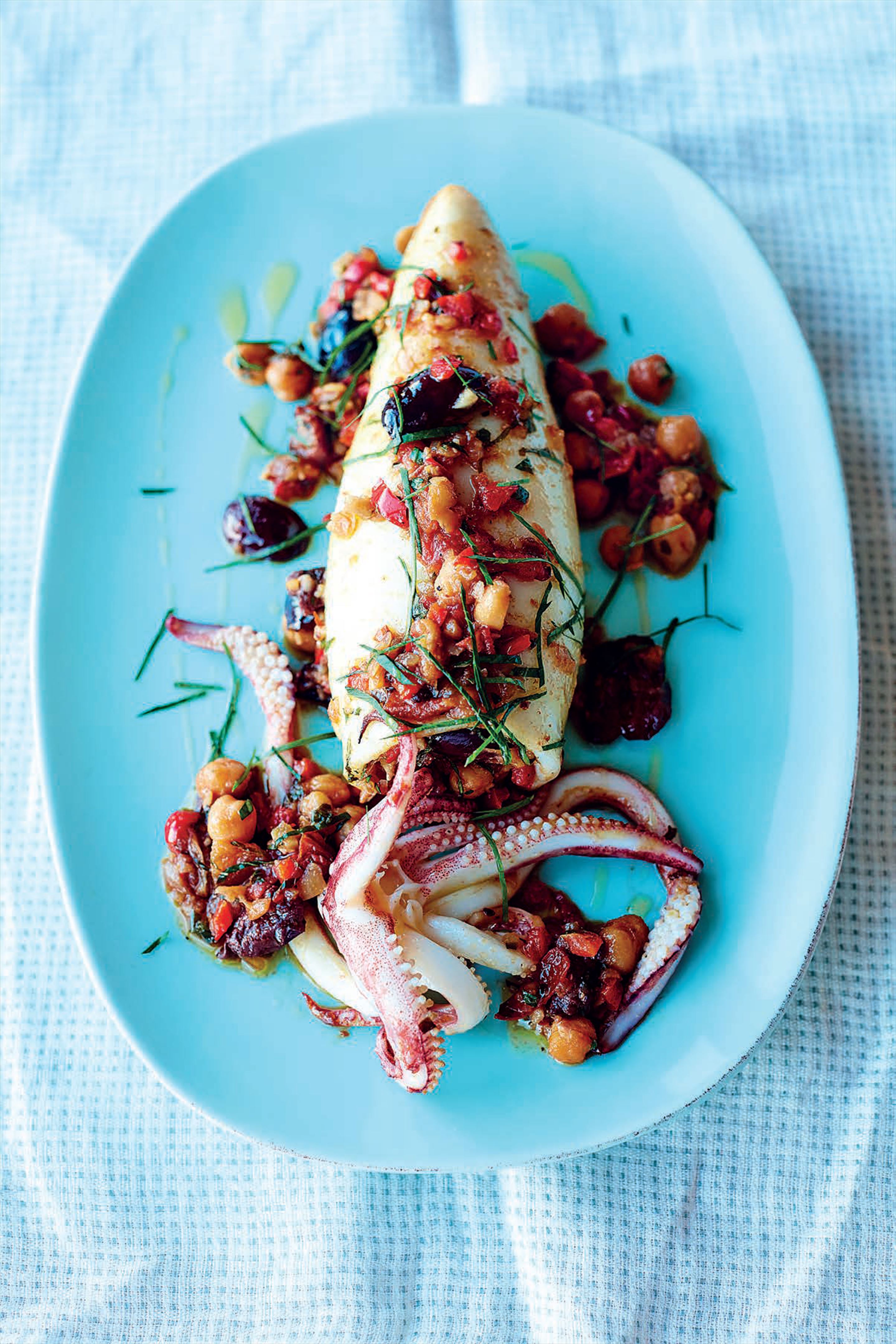 Stuffed squid, red peppers, chickpeas, olives and sherry