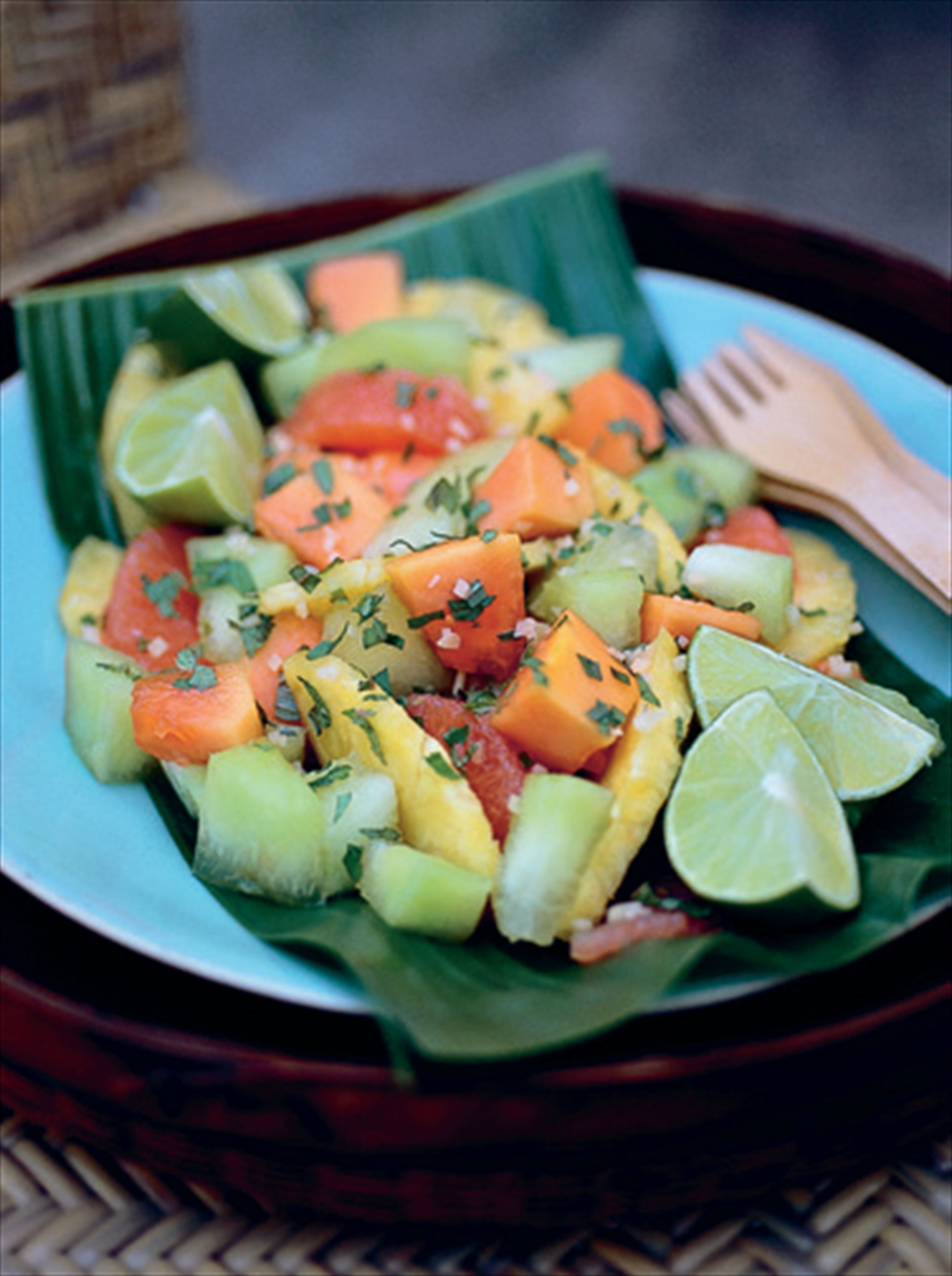 Luscious fruit salad with ginger and mint