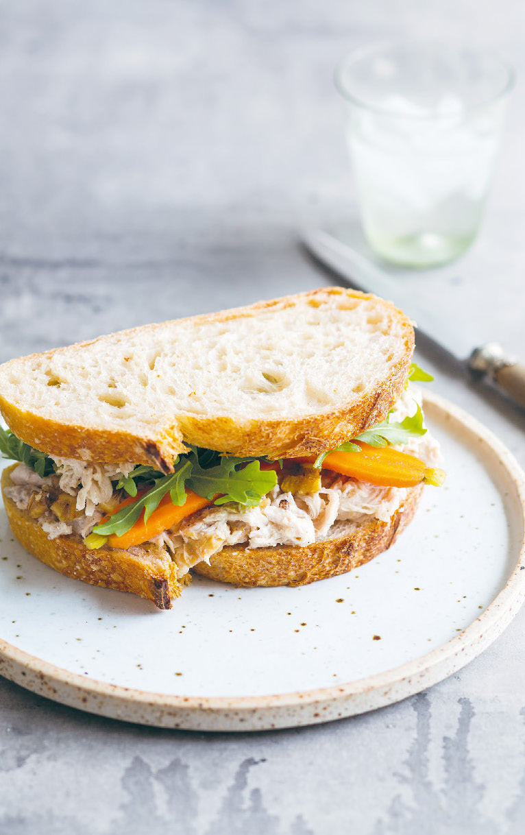 Roasted chicken sandwich with pickled carrots and garlic mayonnaise