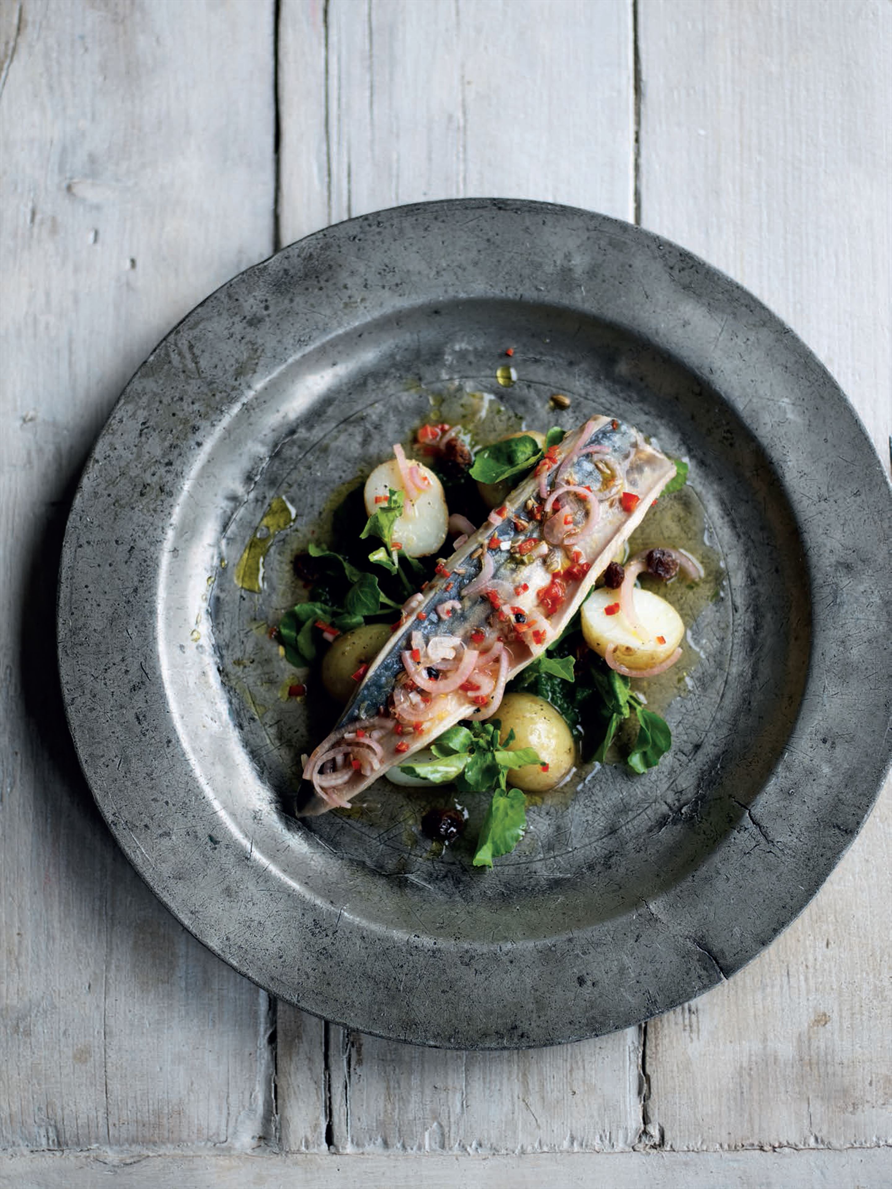 Pickled mackerel with potatoes and watercress