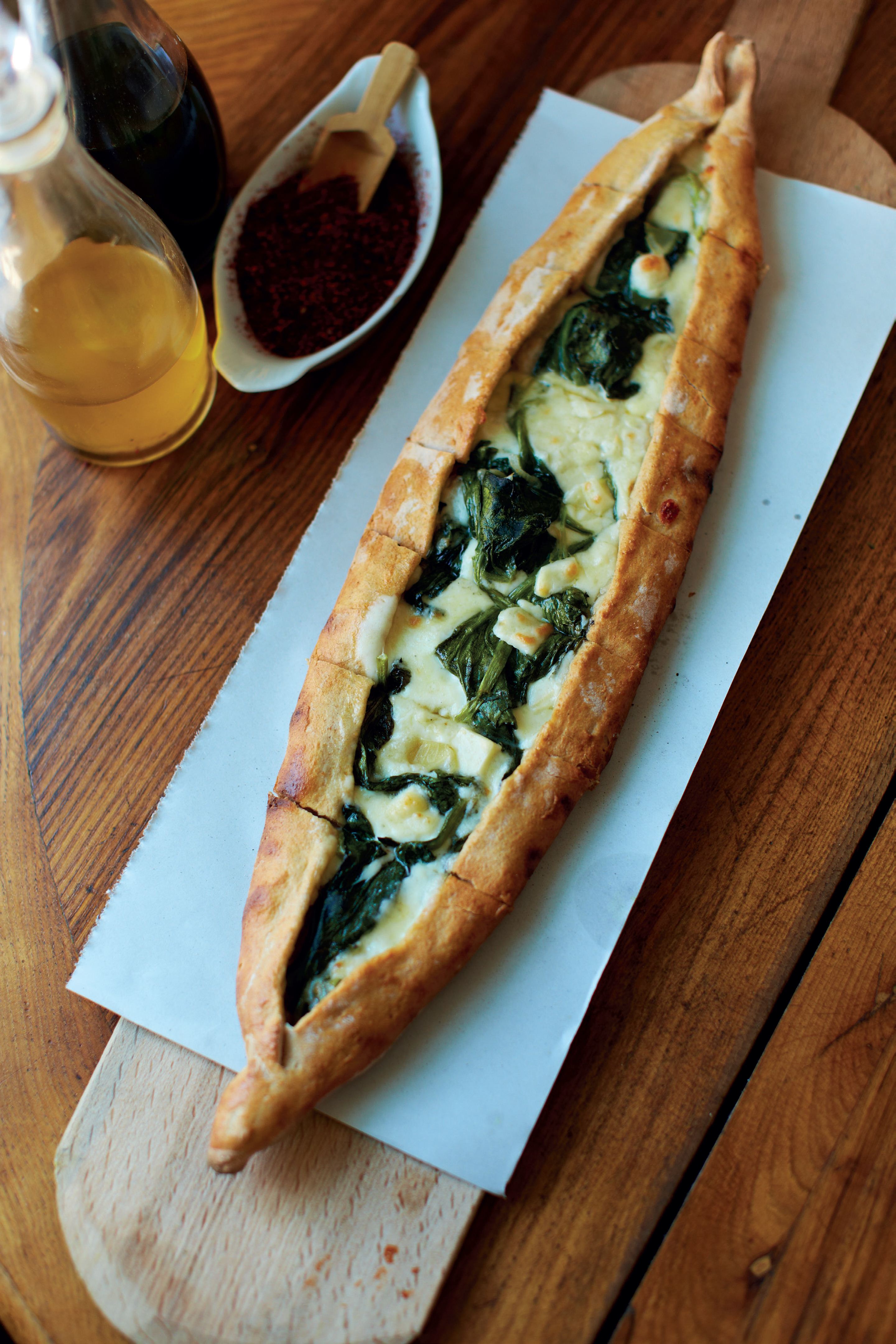 Cheese pide, and spinach and cheese pide