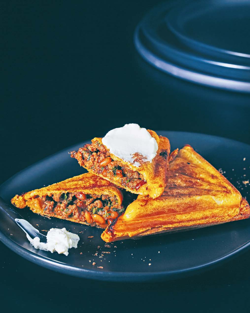 Spicy lamb mince jaffle with soft labne spread