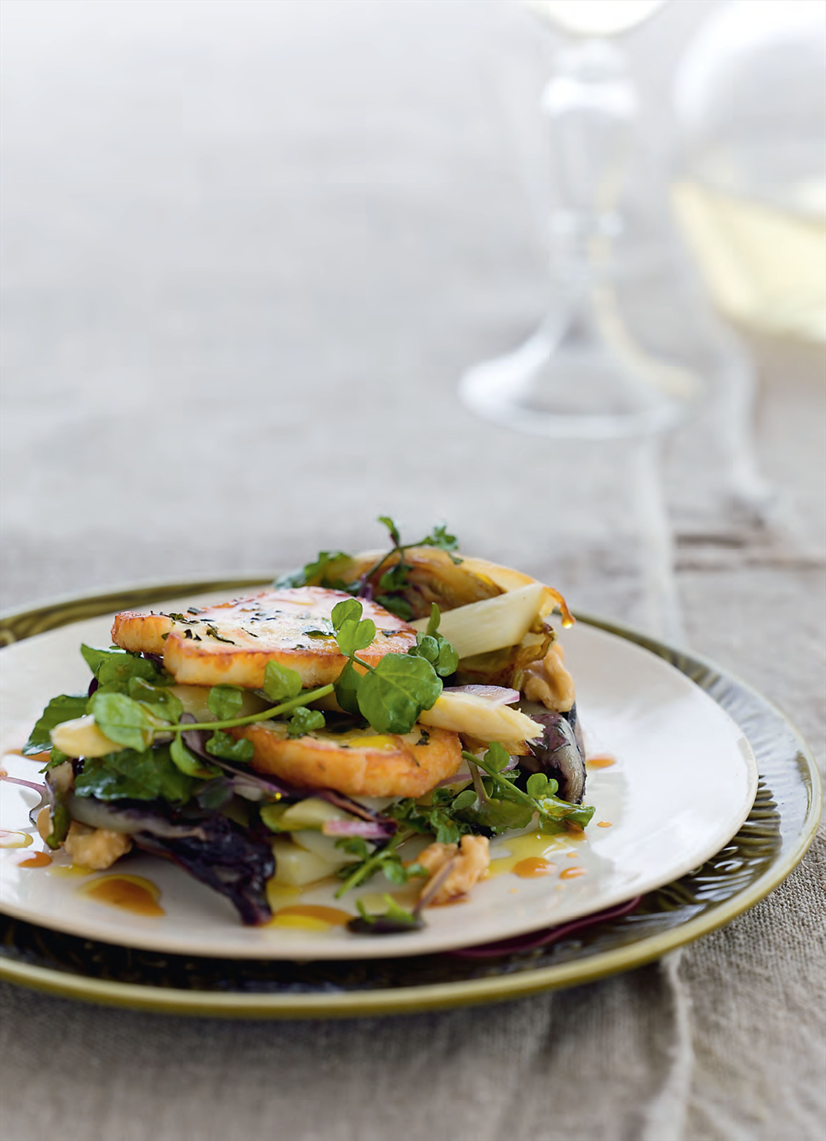 Asparagus with grilled haloumi and honey-seared endive