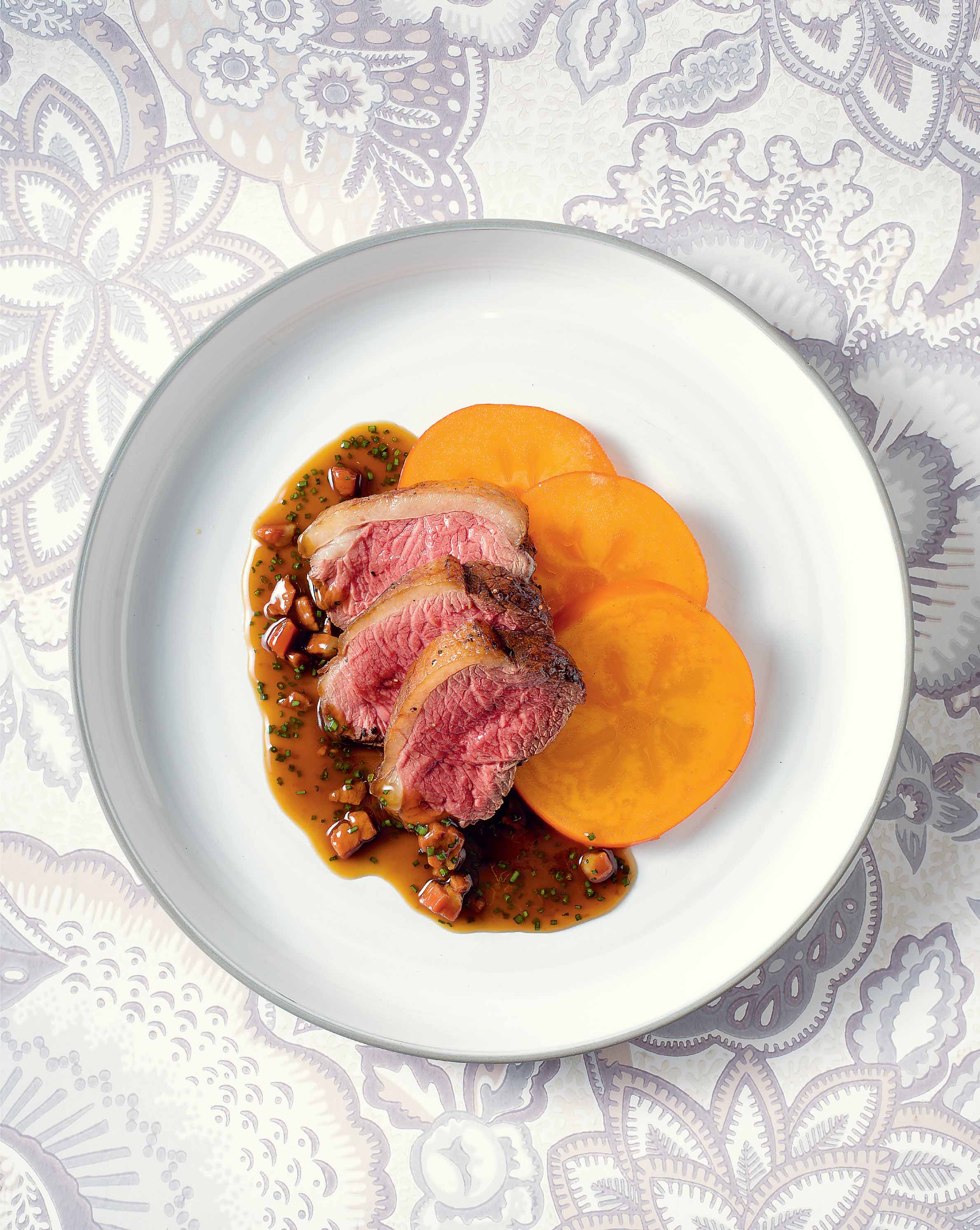 Venison in red-eye gravy with persimmons