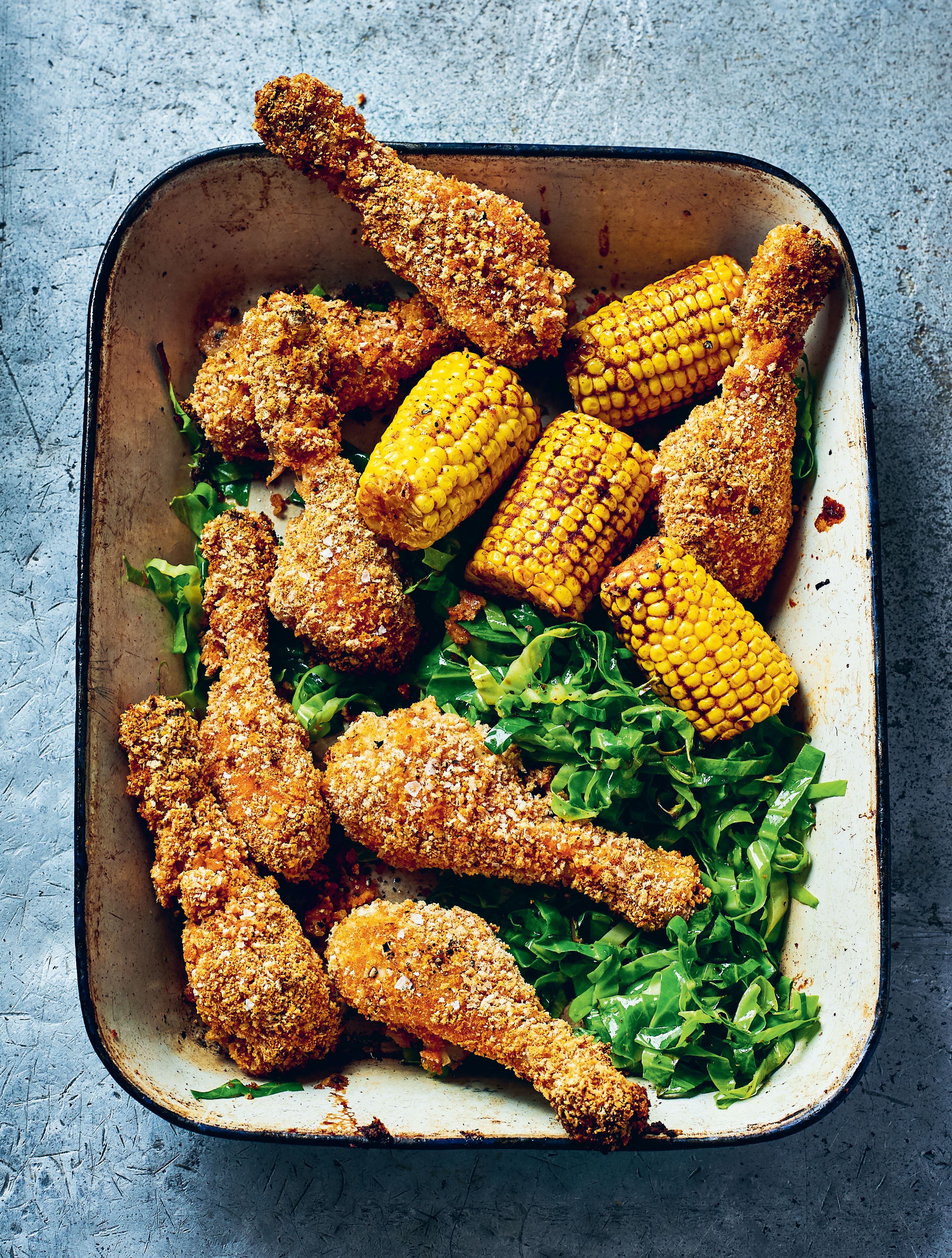 Oven ‘fried’ buttermilk chicken with corn and greens