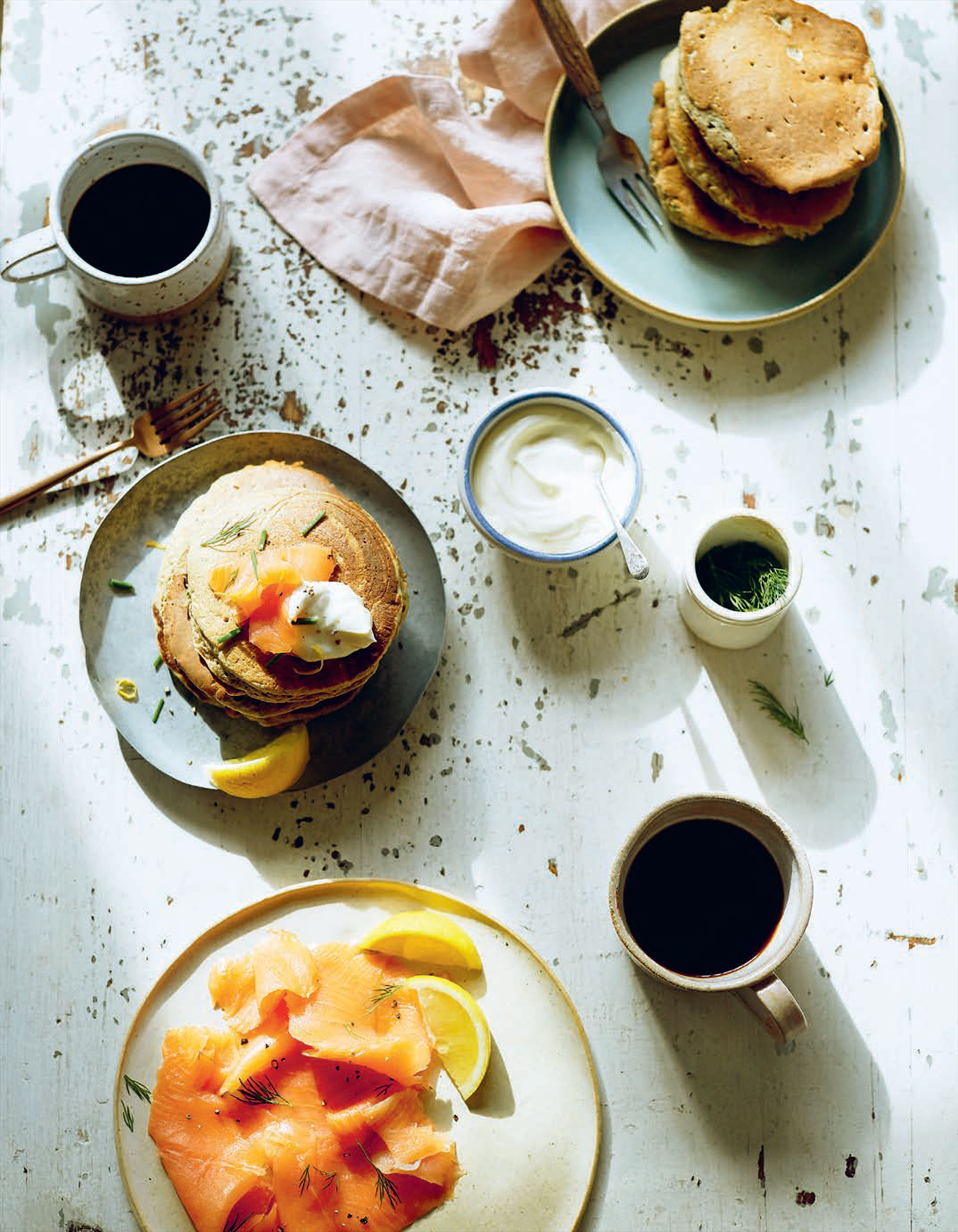 Buckwheat, chive & lemon pancakes with smoked salmon & crème fraîche