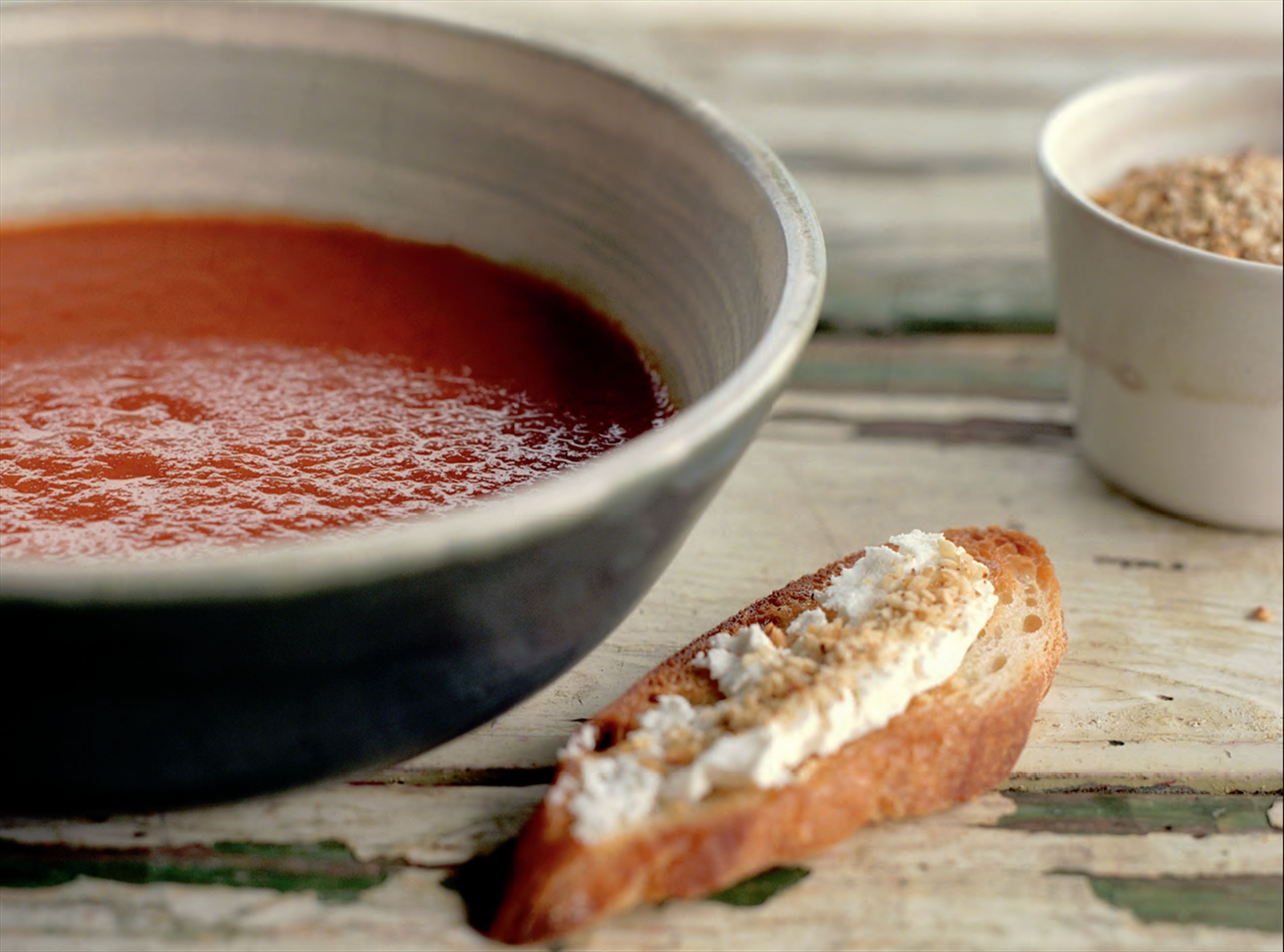 Roasted tomato and red capsicum soup with dukkah