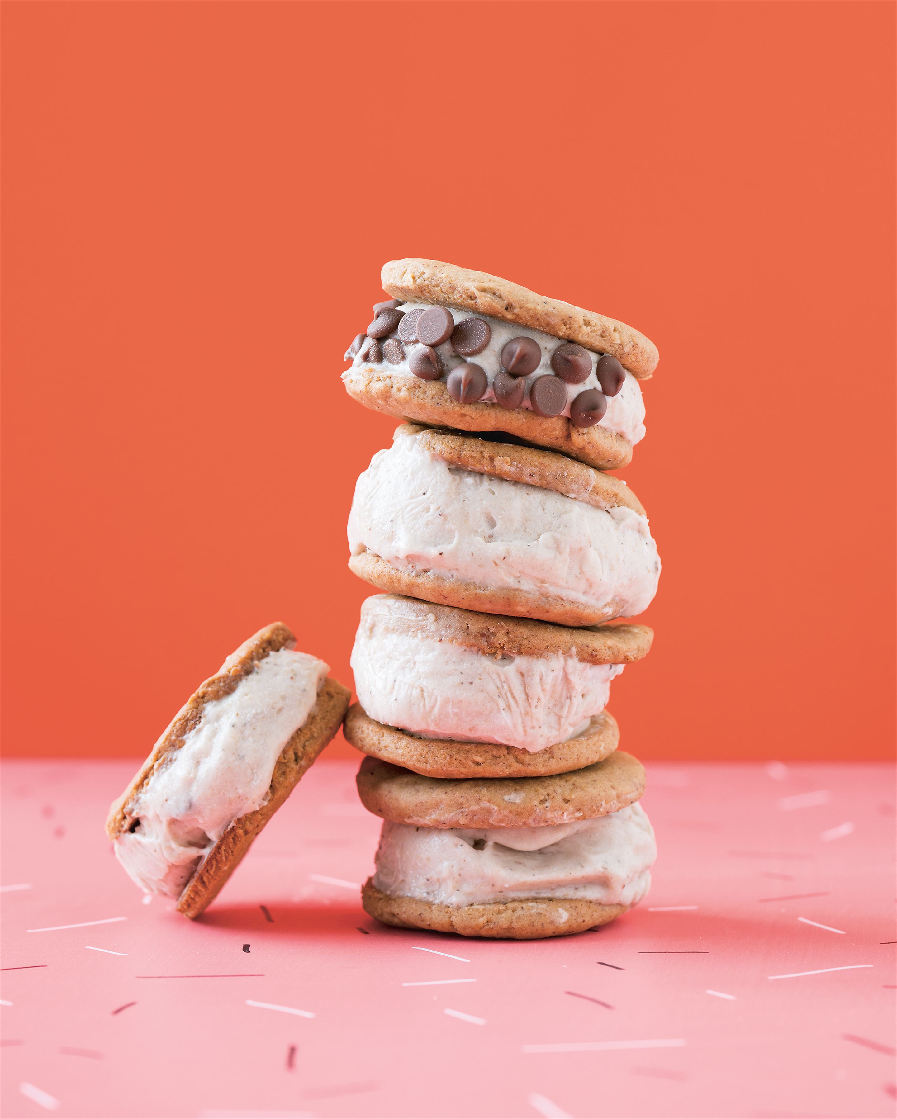 Banana chocolate chip chai nice-cream sandwiches with ginger biscuits