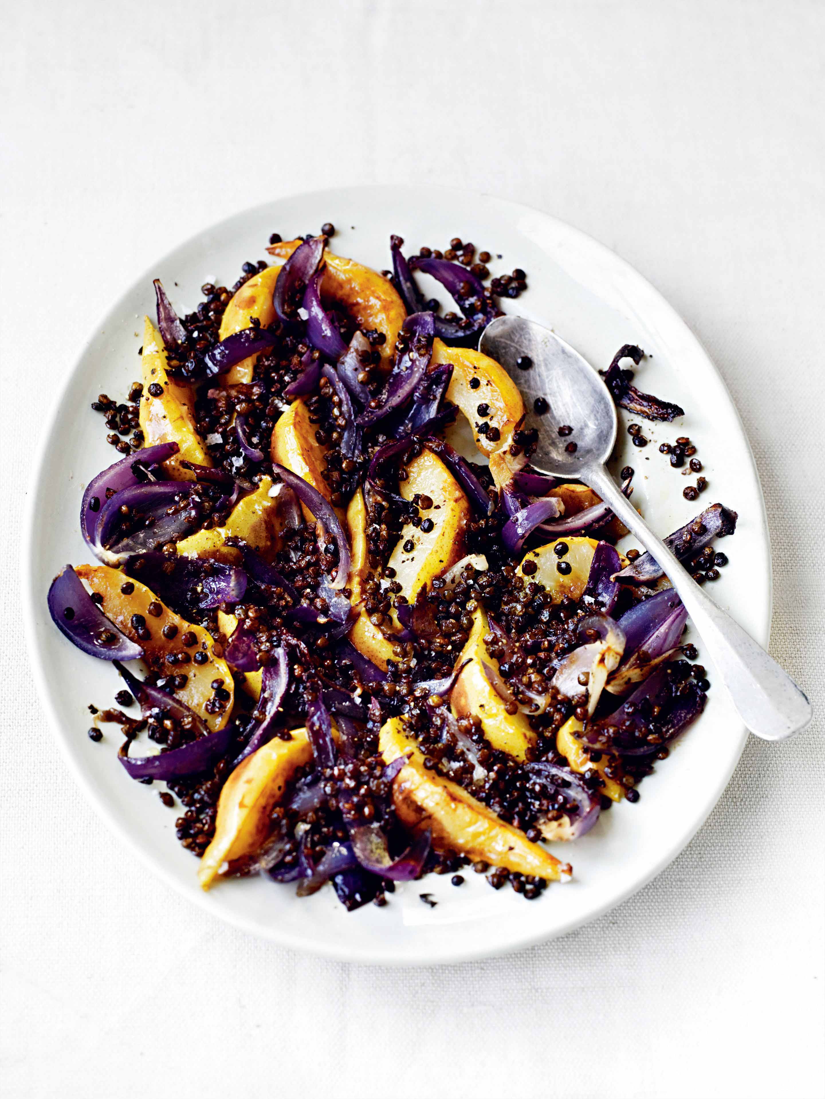 Fried pears with roast red onions & crisped puy lentils