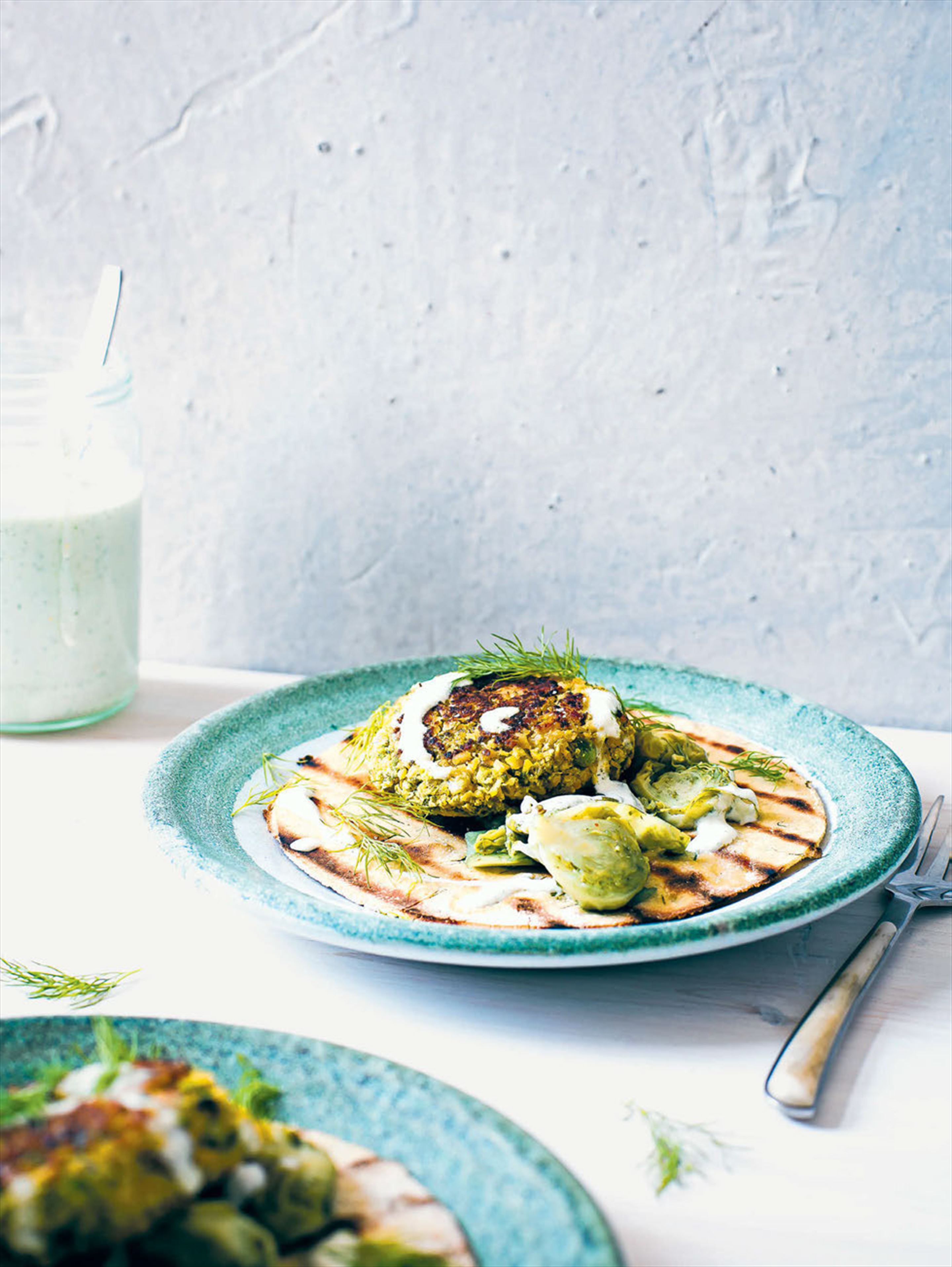 Quinoa flatbreads, with pea patties & brussels sprout kimchi