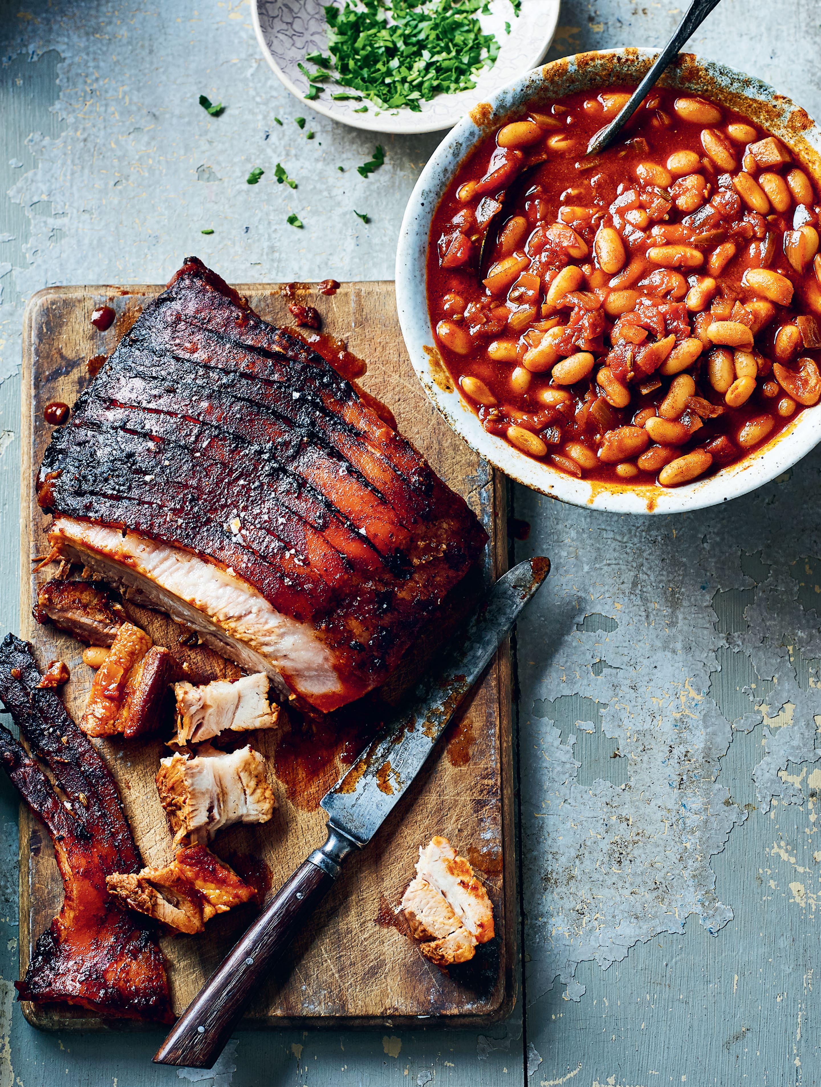 Pork belly with smoky beans