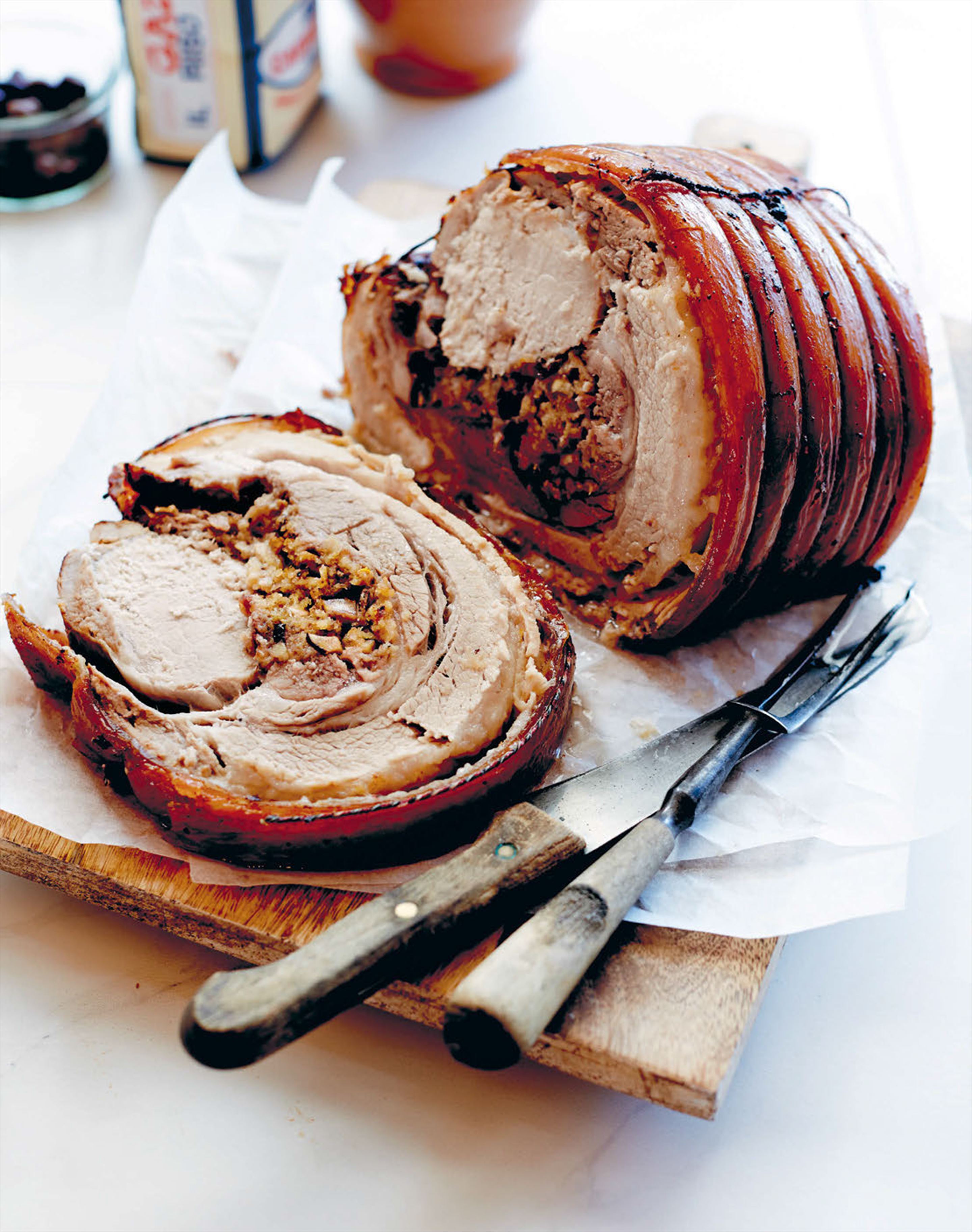 Slow-roasted boneless pork loin stuffed with chestnuts and cranberries