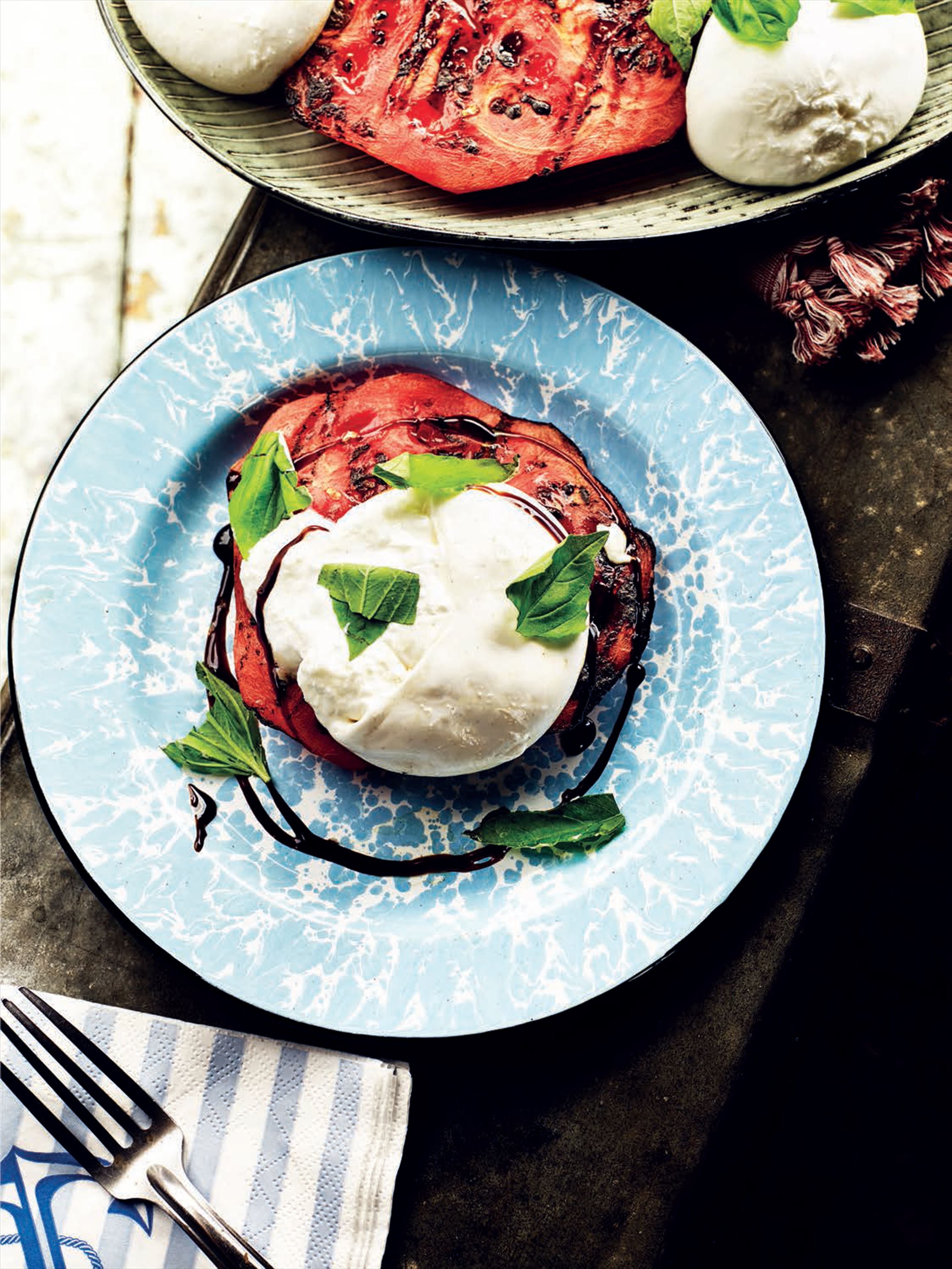 Smoky grilled watermelon with burrata, balsamic and basil