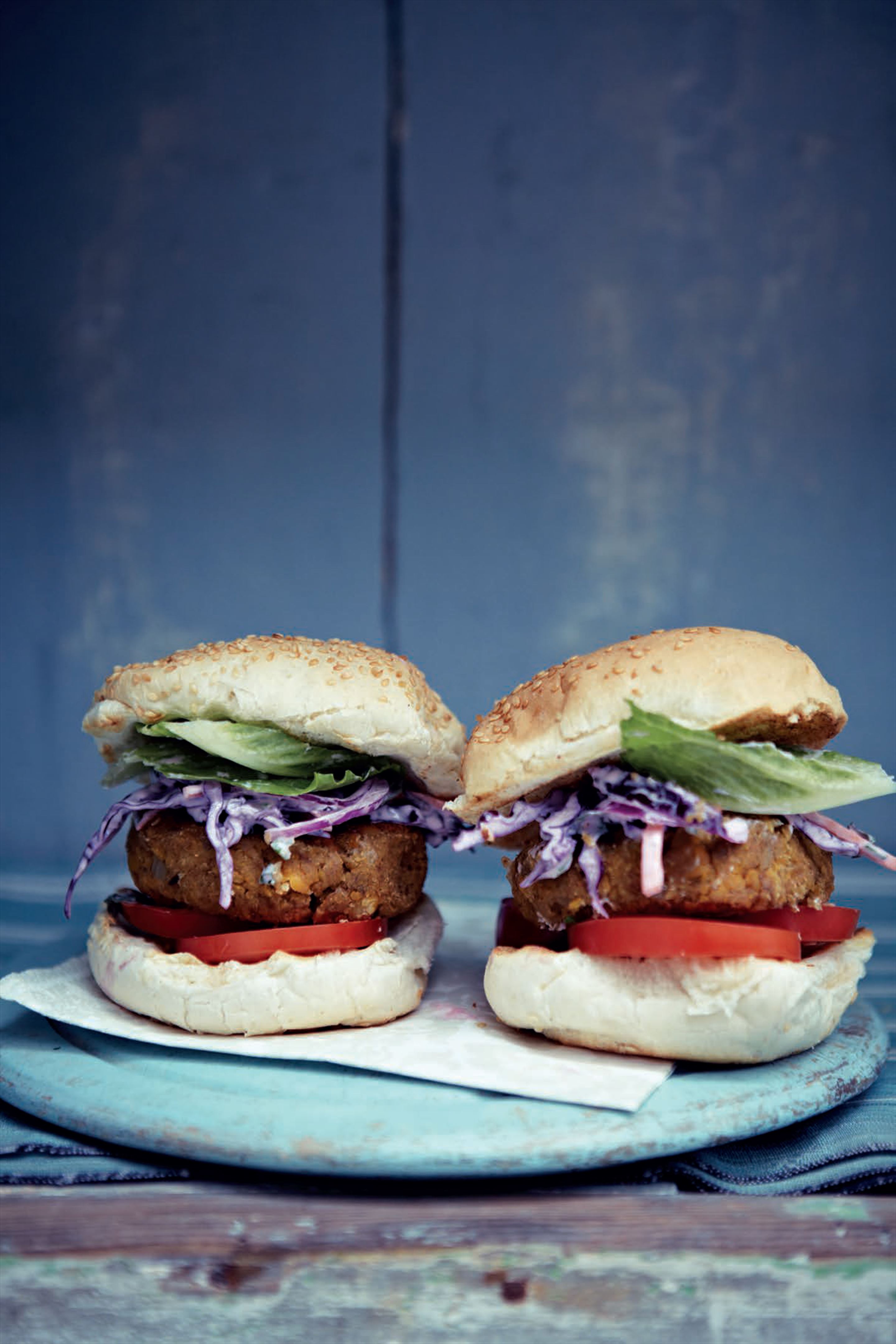 Mile-high chickpea burgers with Indian purple coleslaw