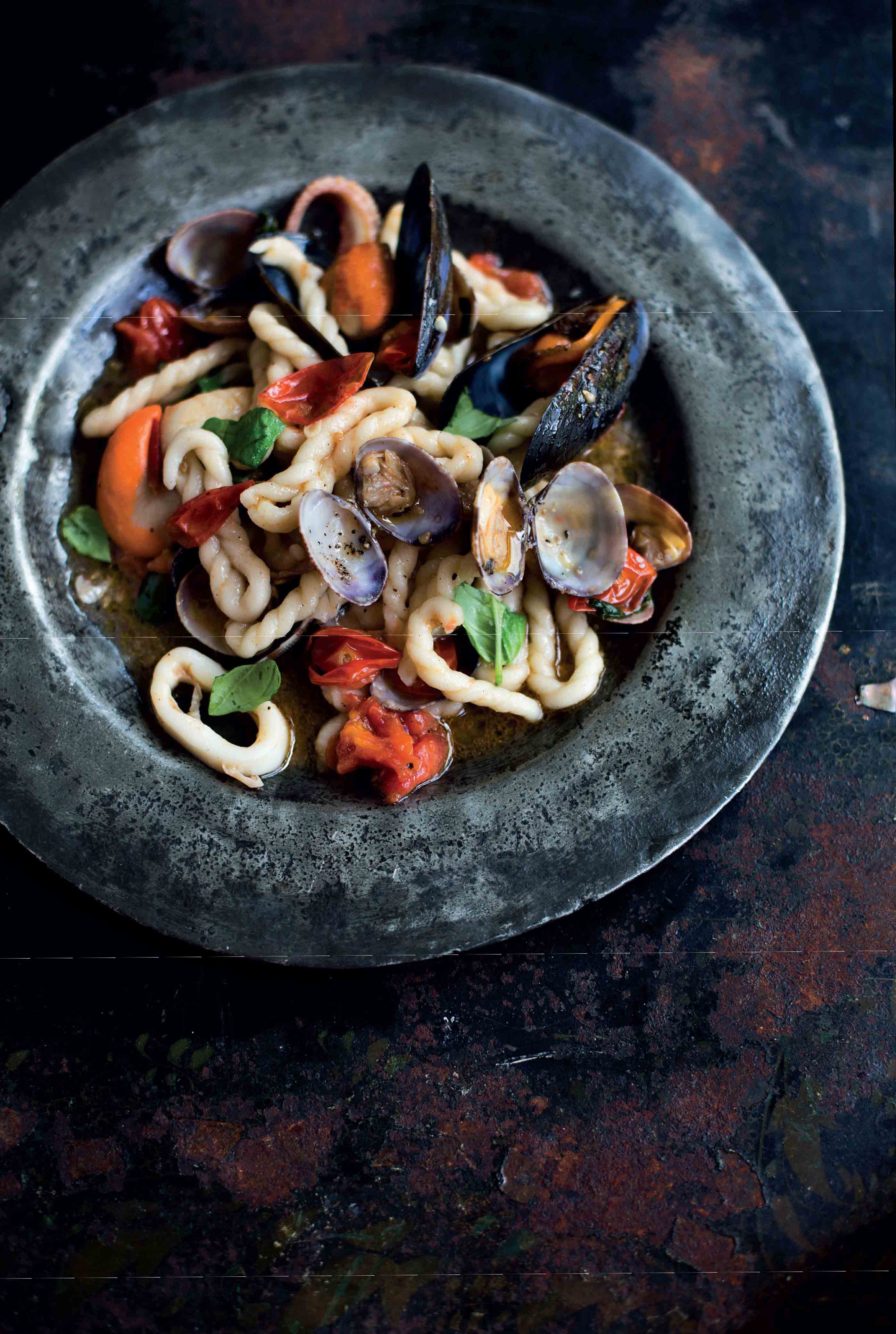 Sardinian spiral ring pasta with seafood