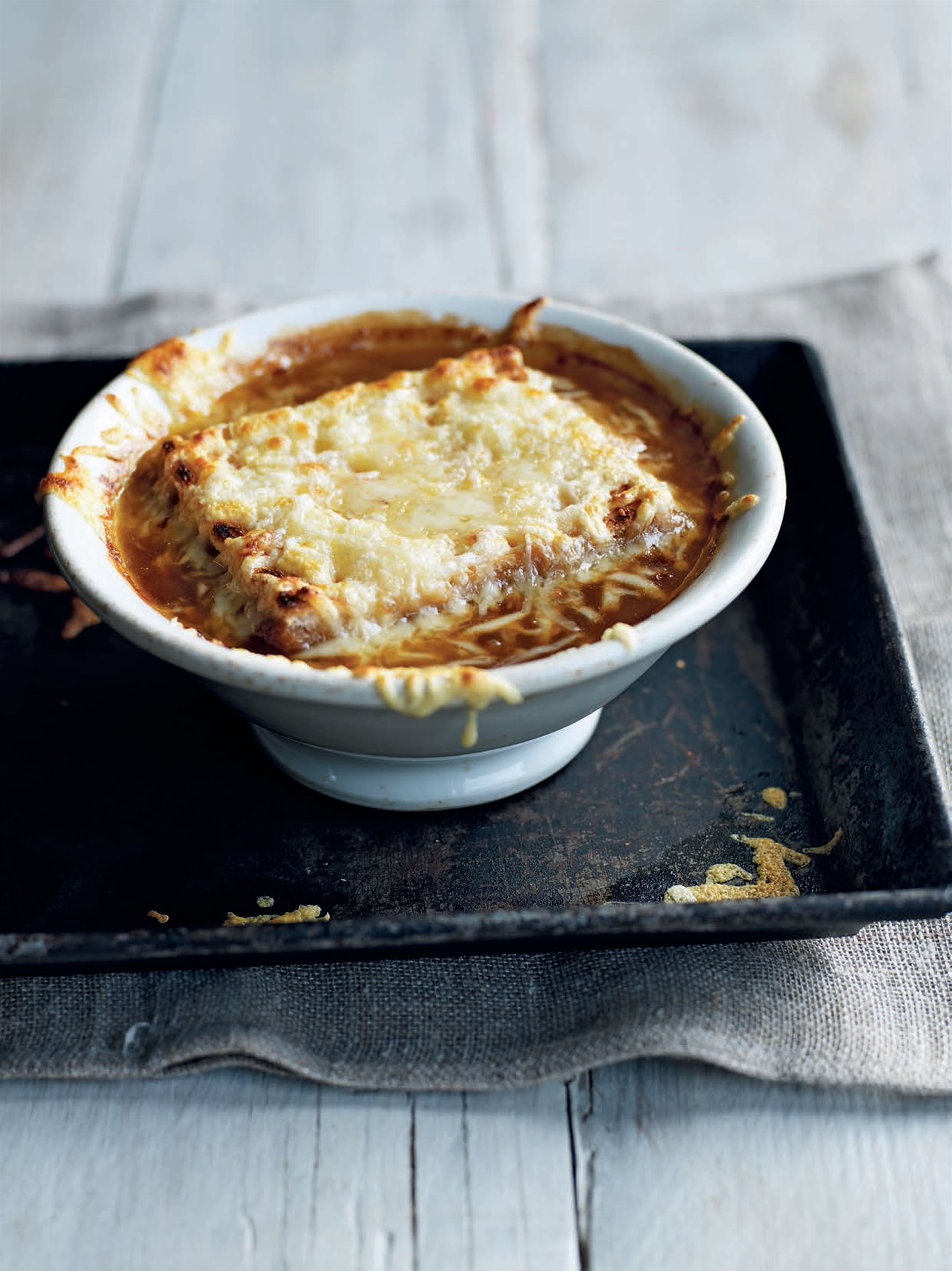 French onion soup with melted Gruyère