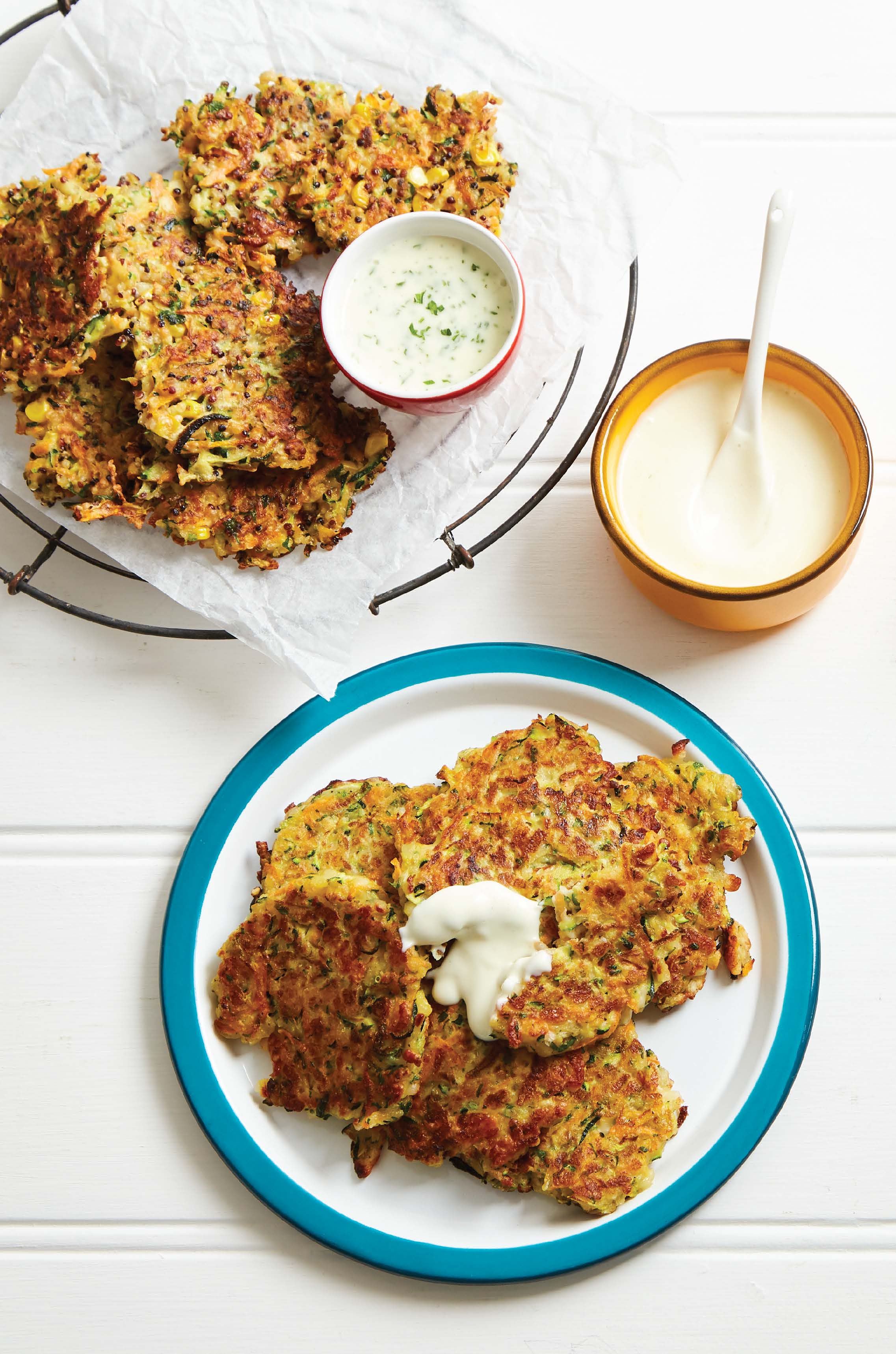 Colourful vegetable and haloumi fritters with lemon and garlic mayonnaise