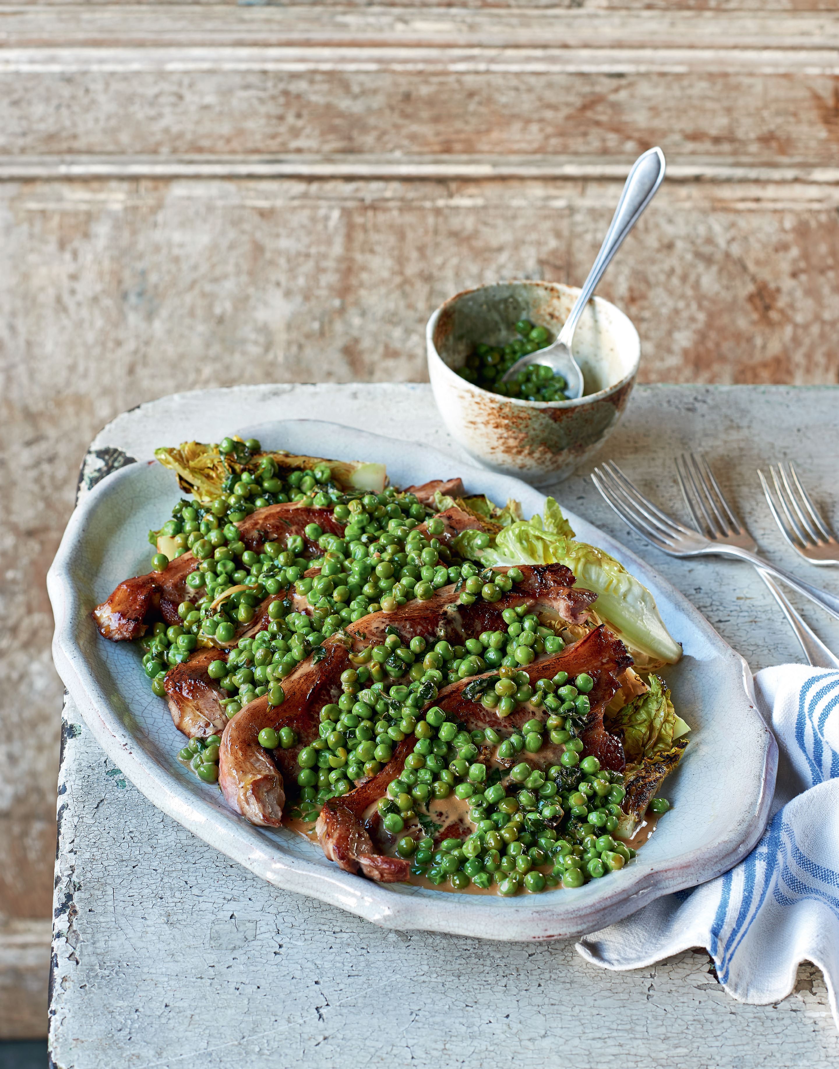 Lamb chops with seared little gem & peas
