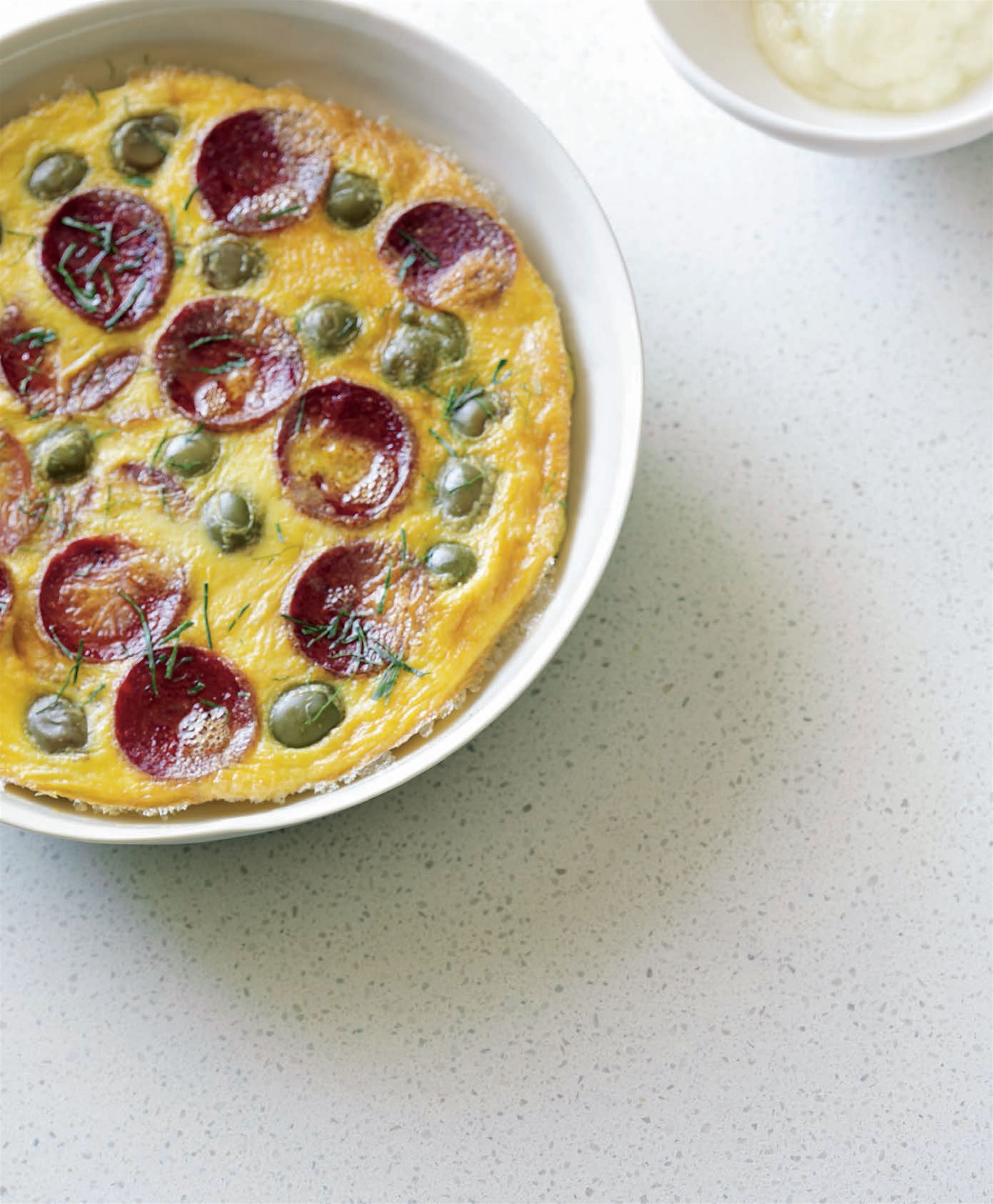 Spanish omelette with potato, green olives and chorizo