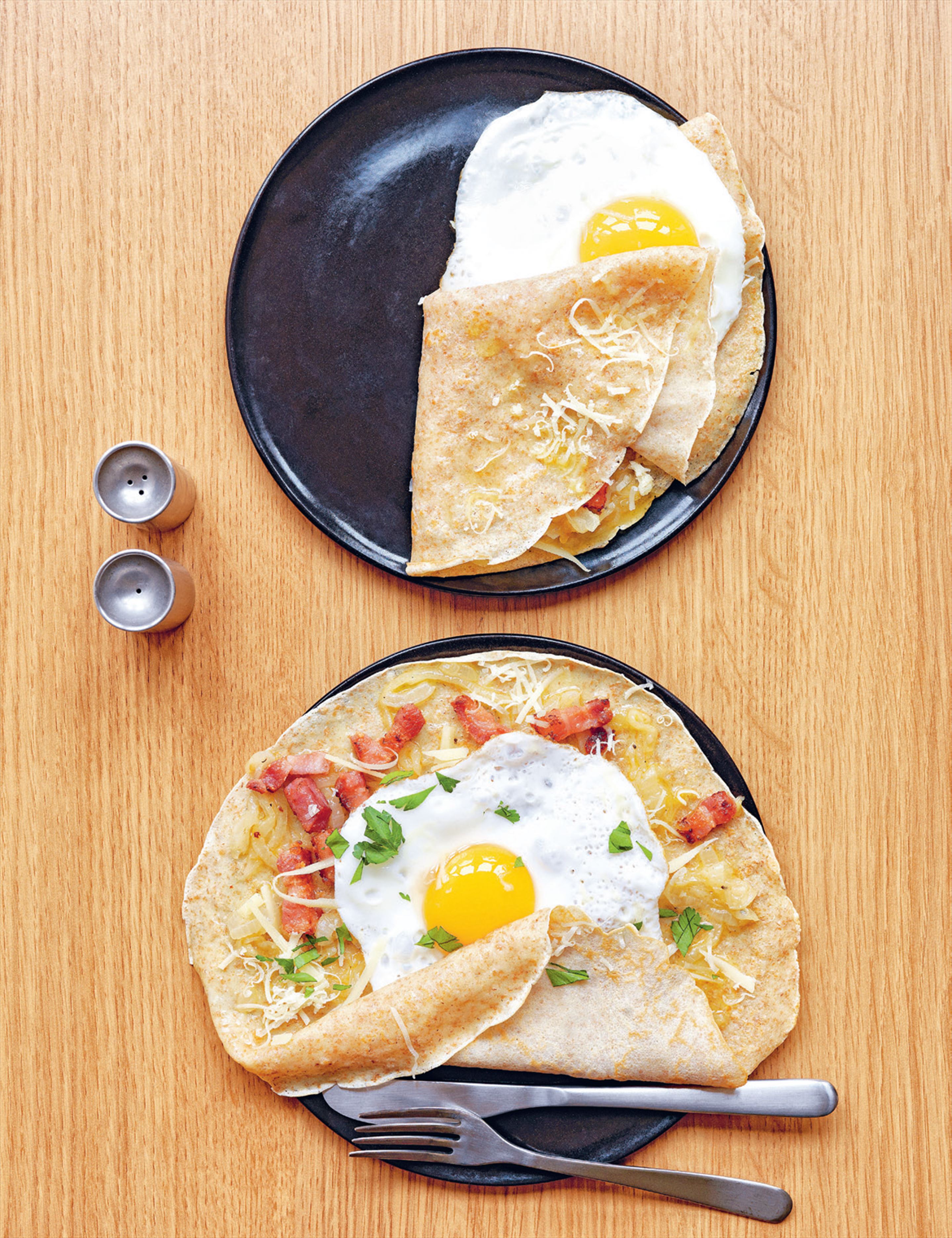 Buckwheat galettes with bacon, egg, onions & gruyère