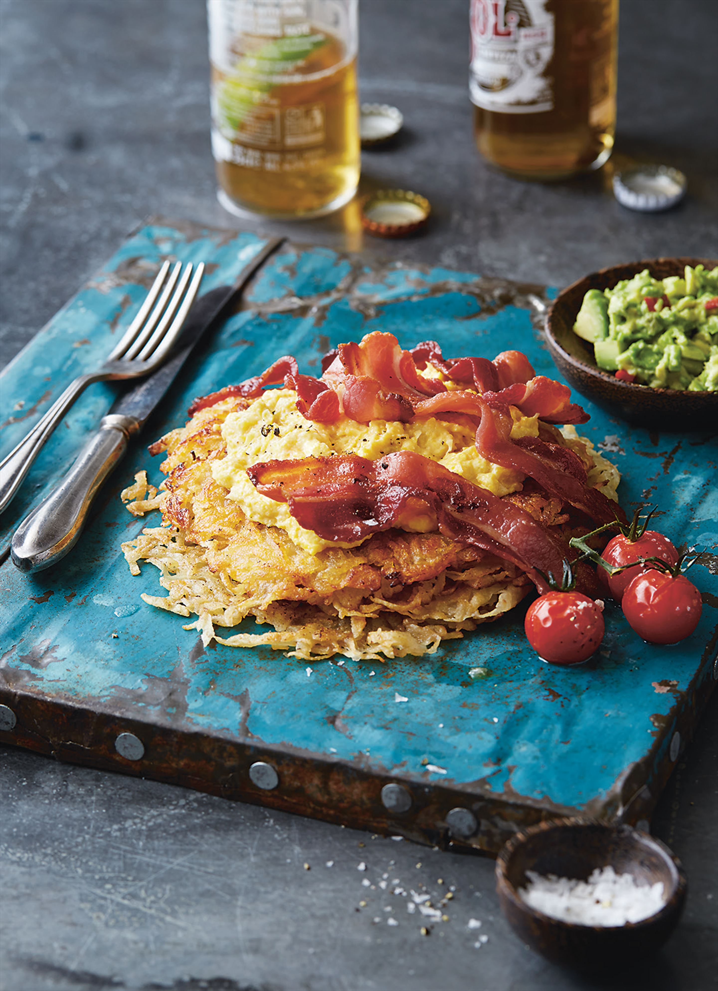 Streaky bacon with creamed corn on hash browns