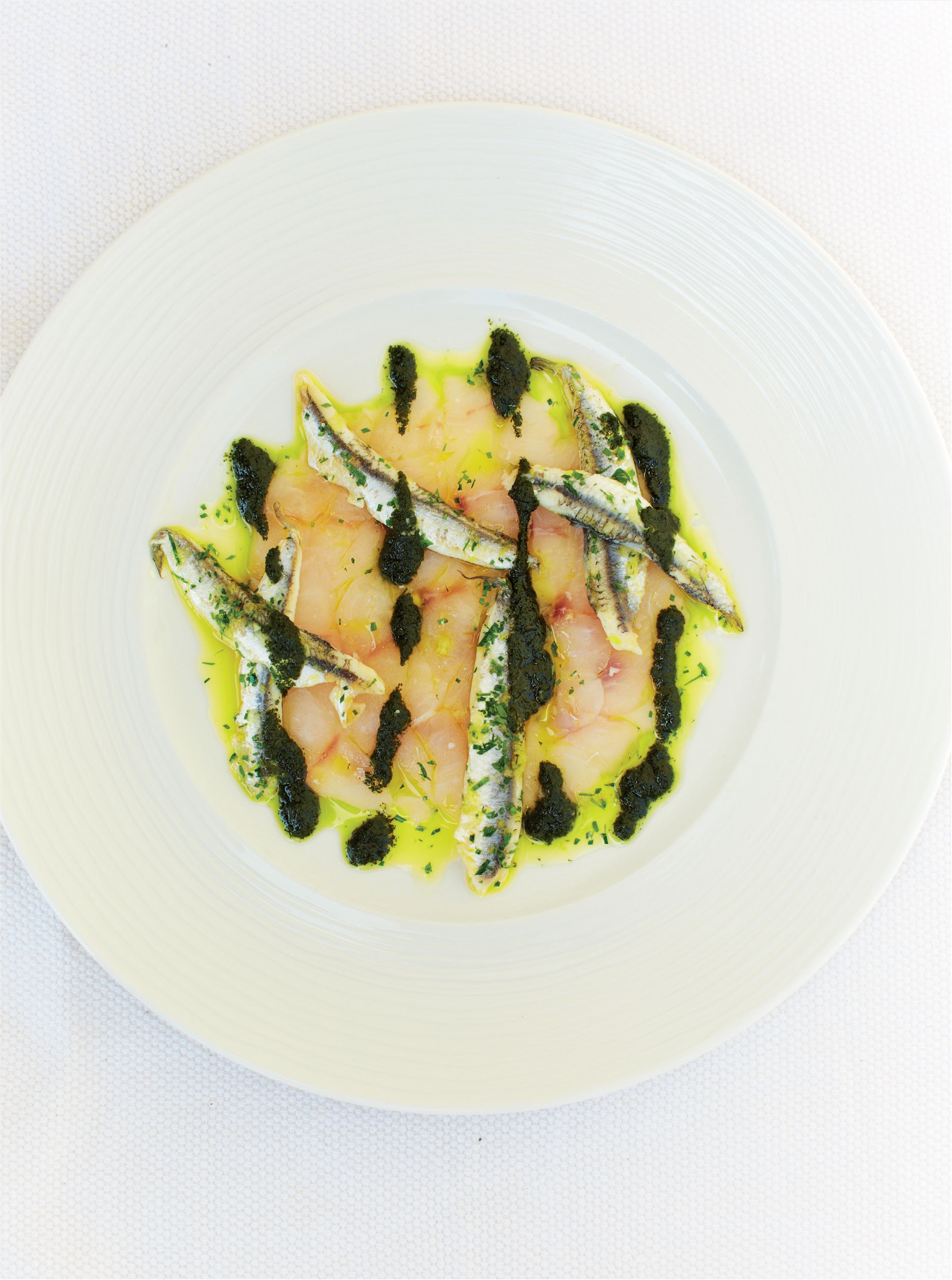 Raw bass with anchovy, mint and coriander dressing