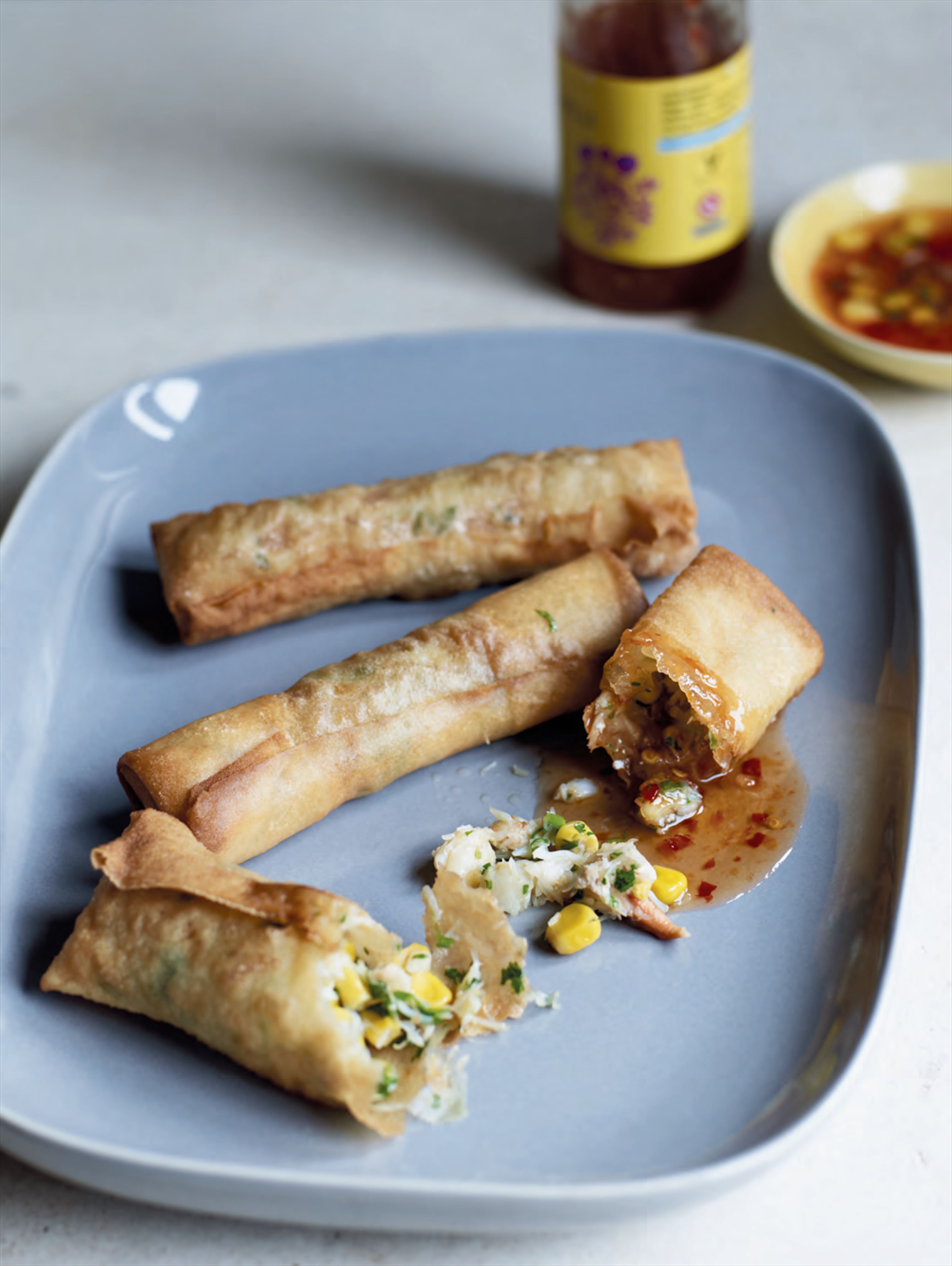 Crab & sweetcorn spring rolls with sweet chilli dipping sauce