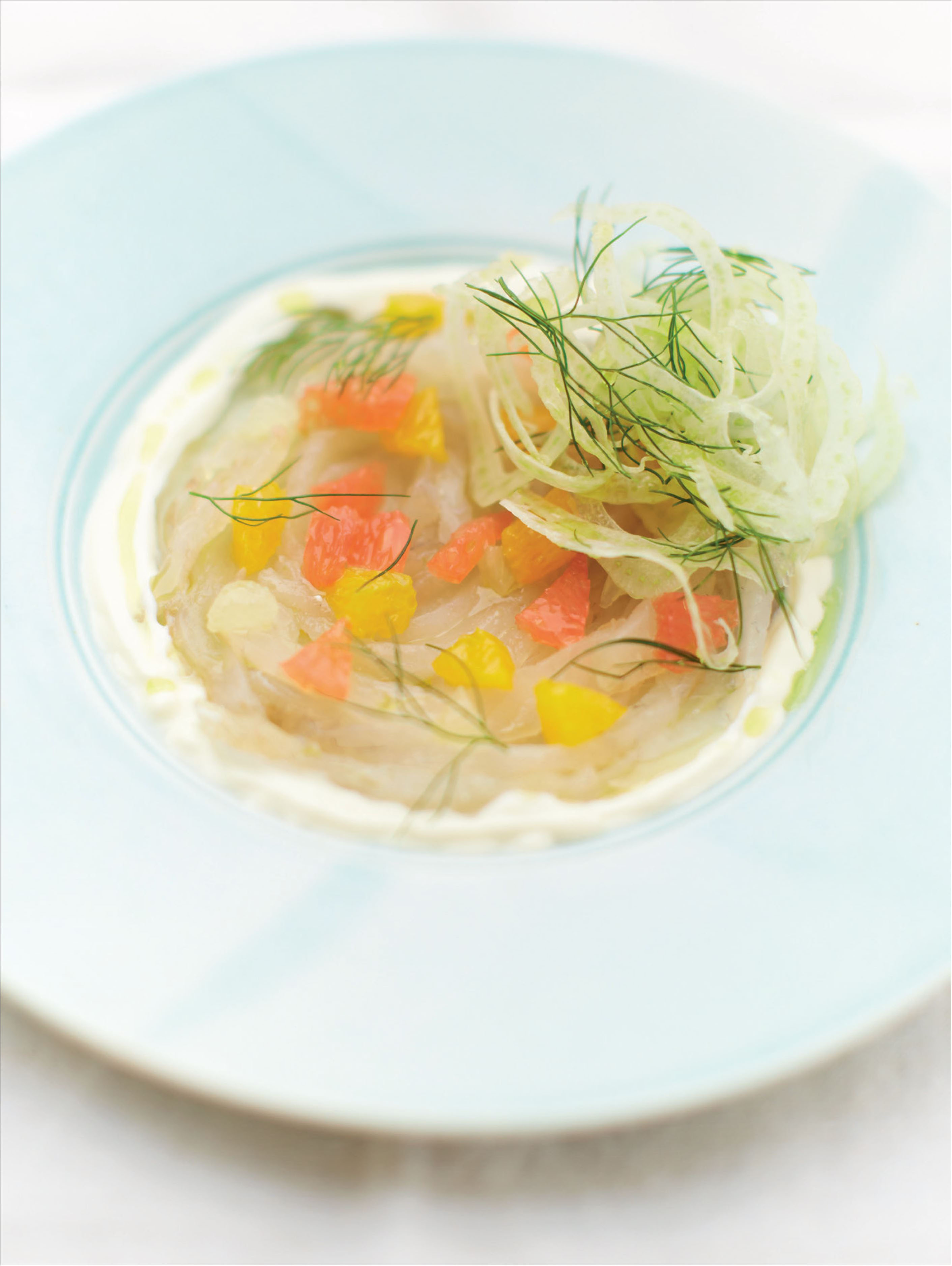 Cured wild bream with fennel, citrus fruit and pastis soured cream