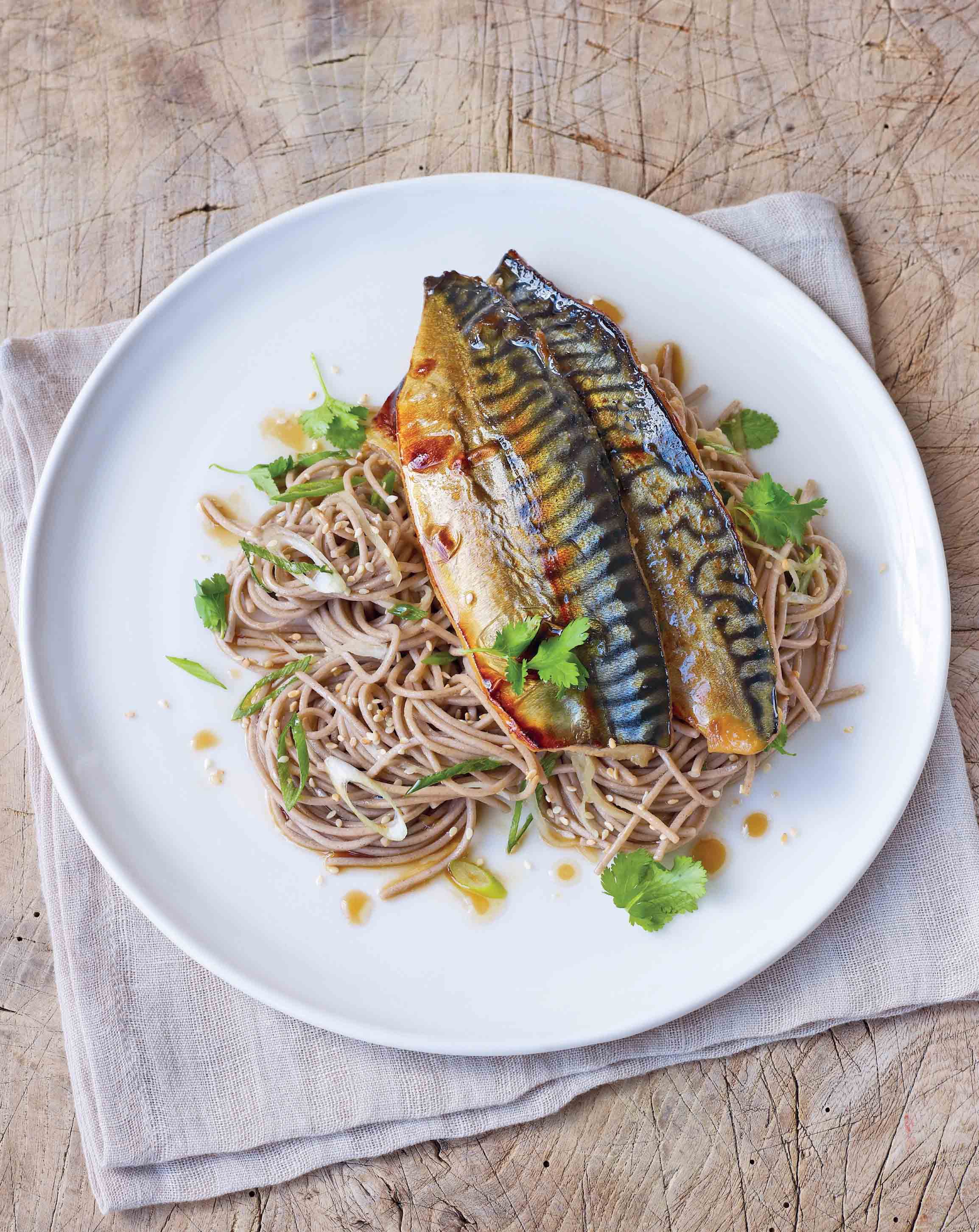 Miso marinated grilled mackerel with soba noodles