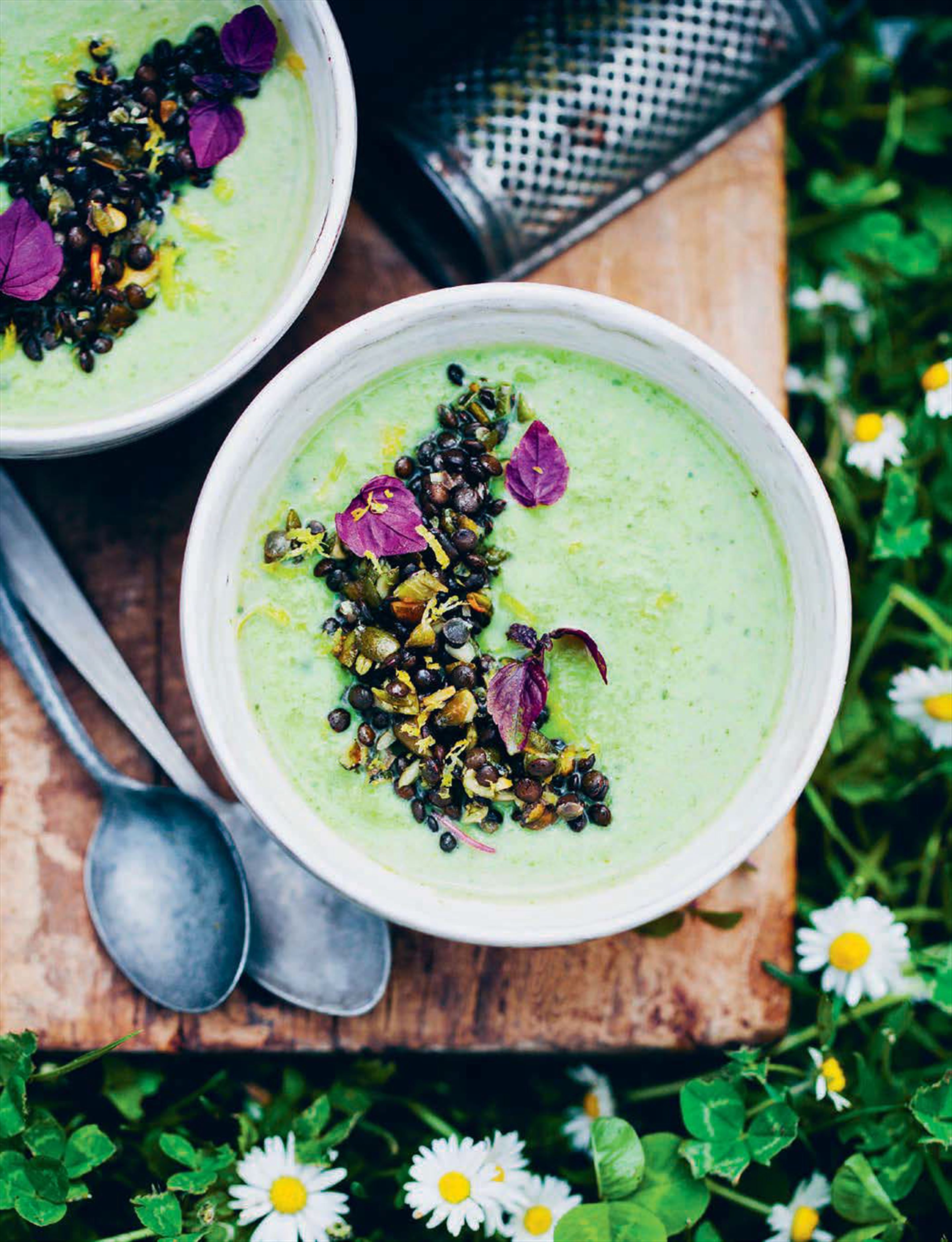 Green Pea, Broccoli and Mint Soup with Puy Lentil Topping