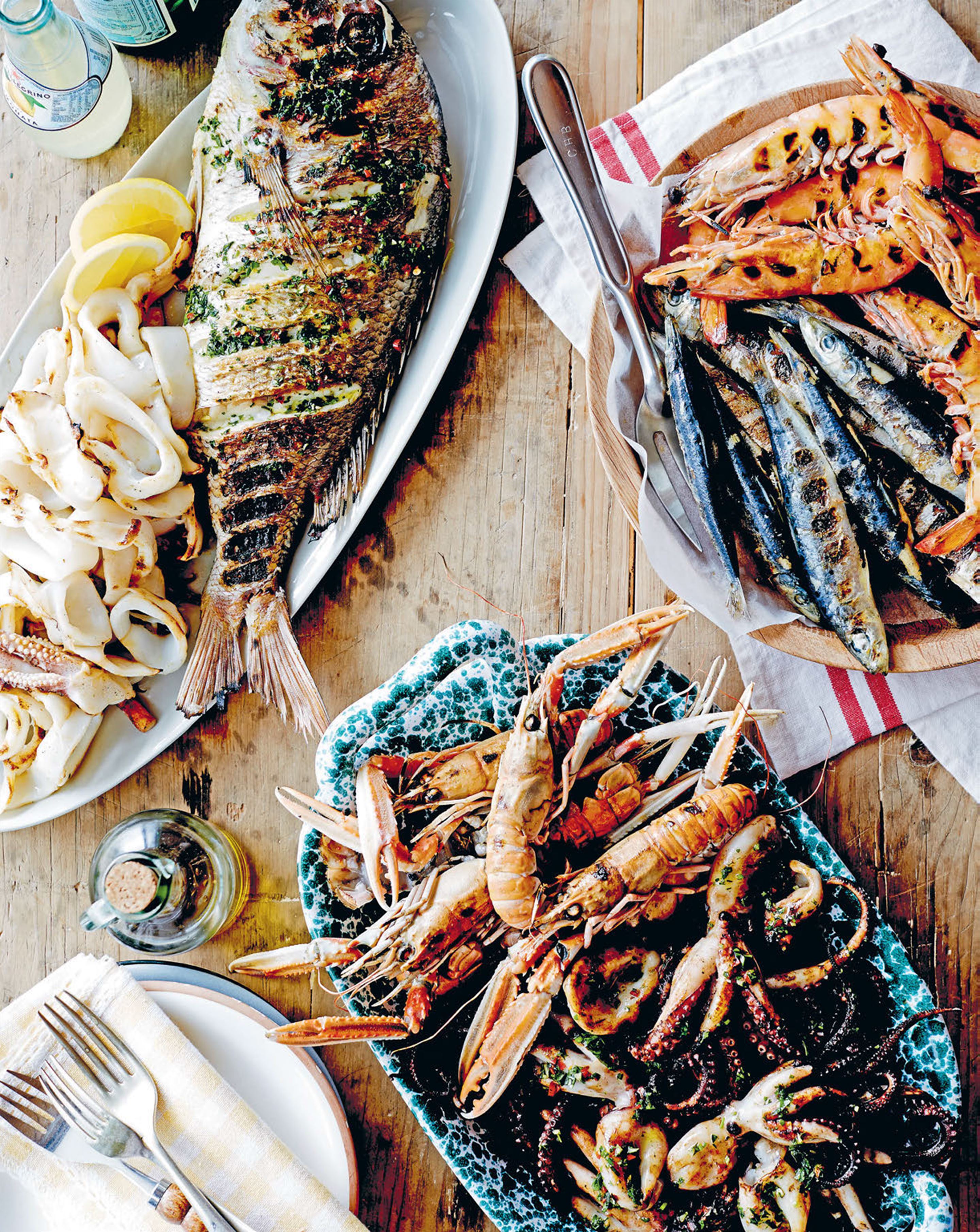 Fire-grilled fish and seafood