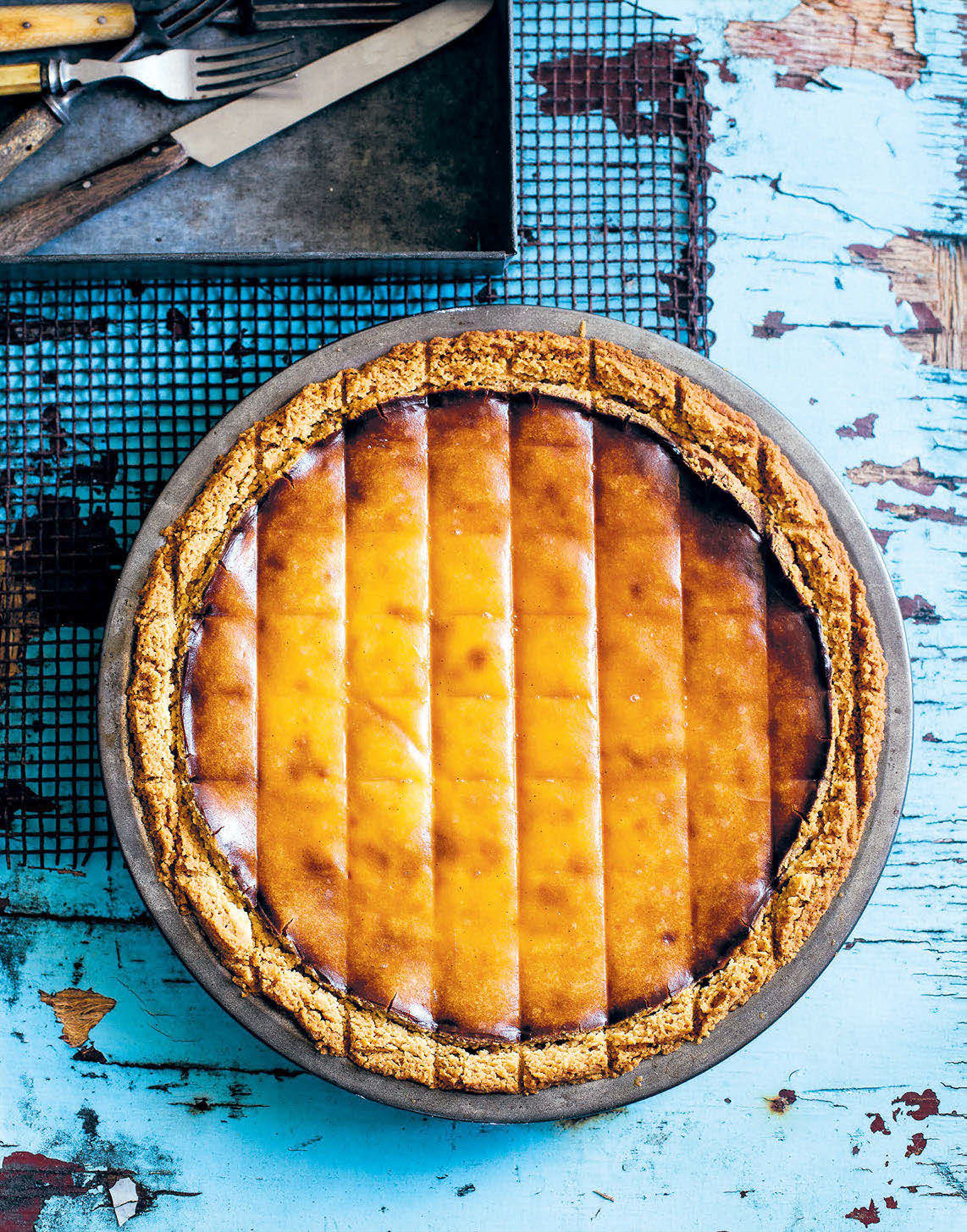 Baked ricotta, orange blossom and date pie