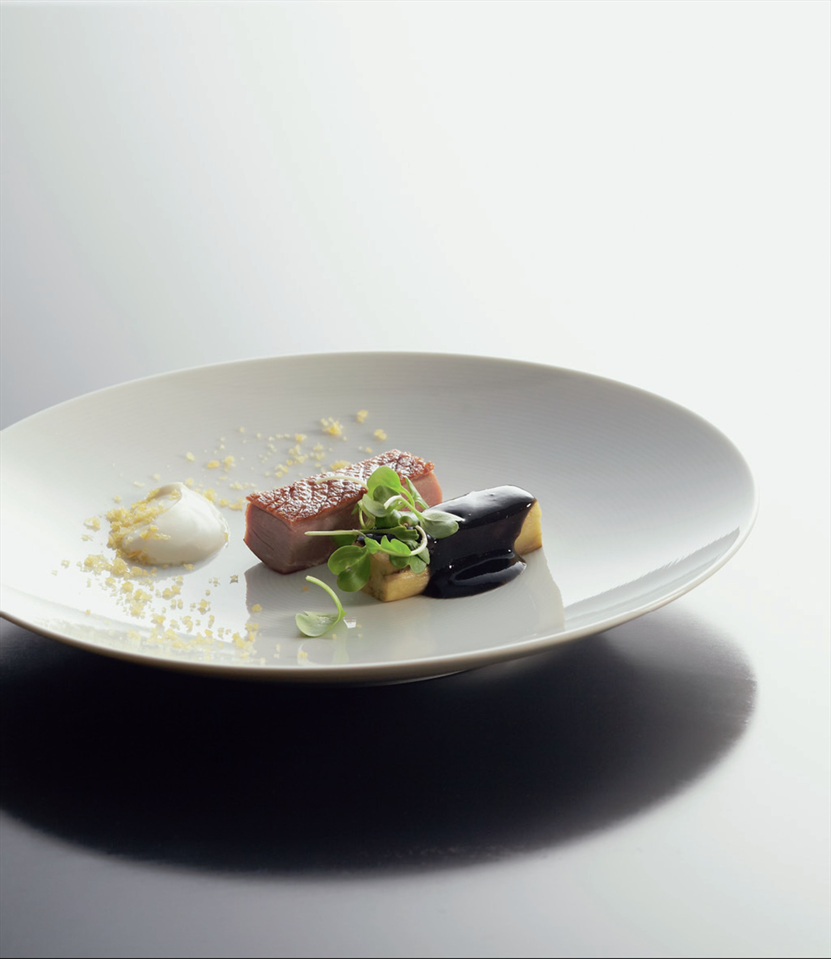 Roast muscovy duck with steamed eggplant, yoghurt and dried scallop