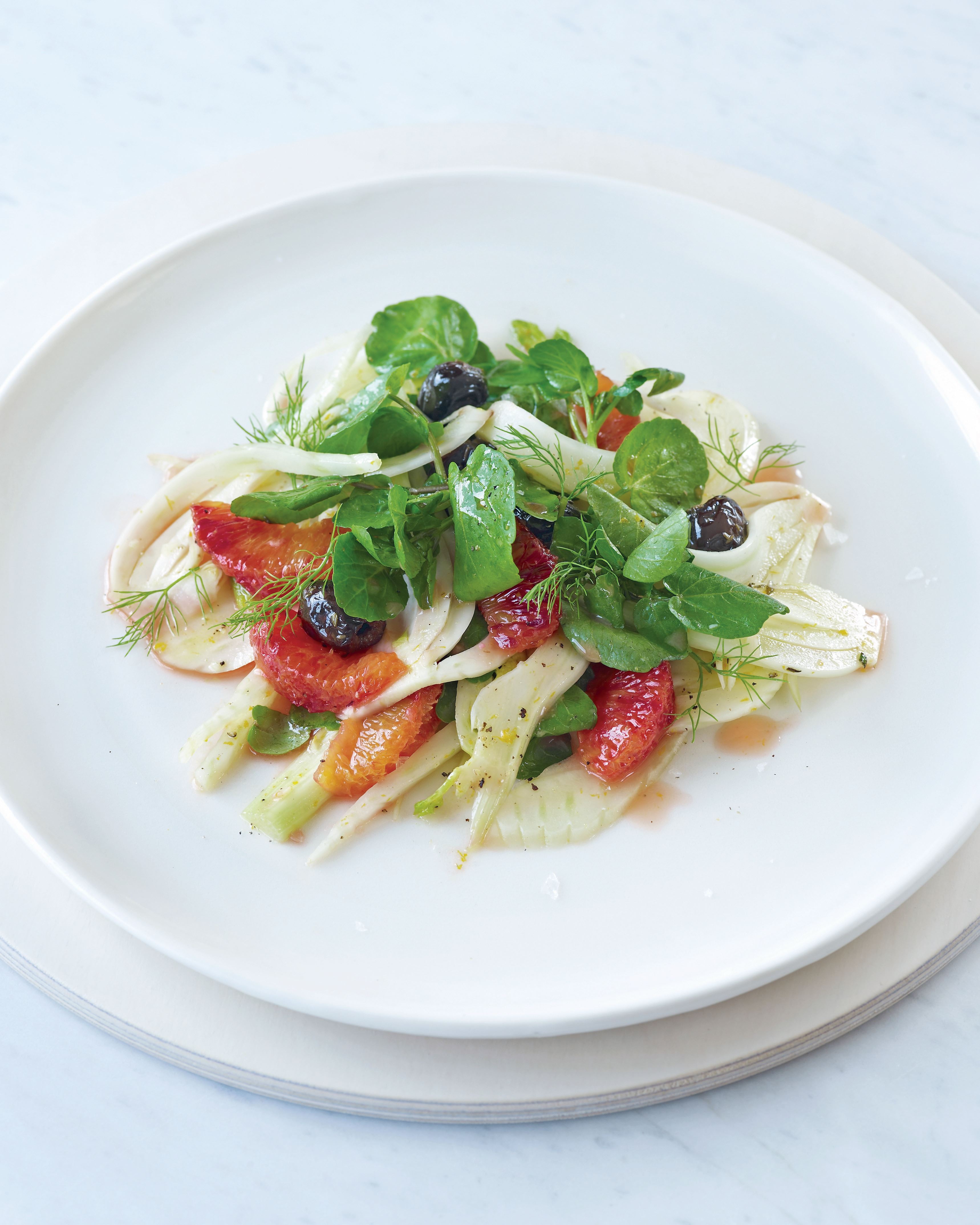 Fennel salad with blood orange, watercress and black olives
