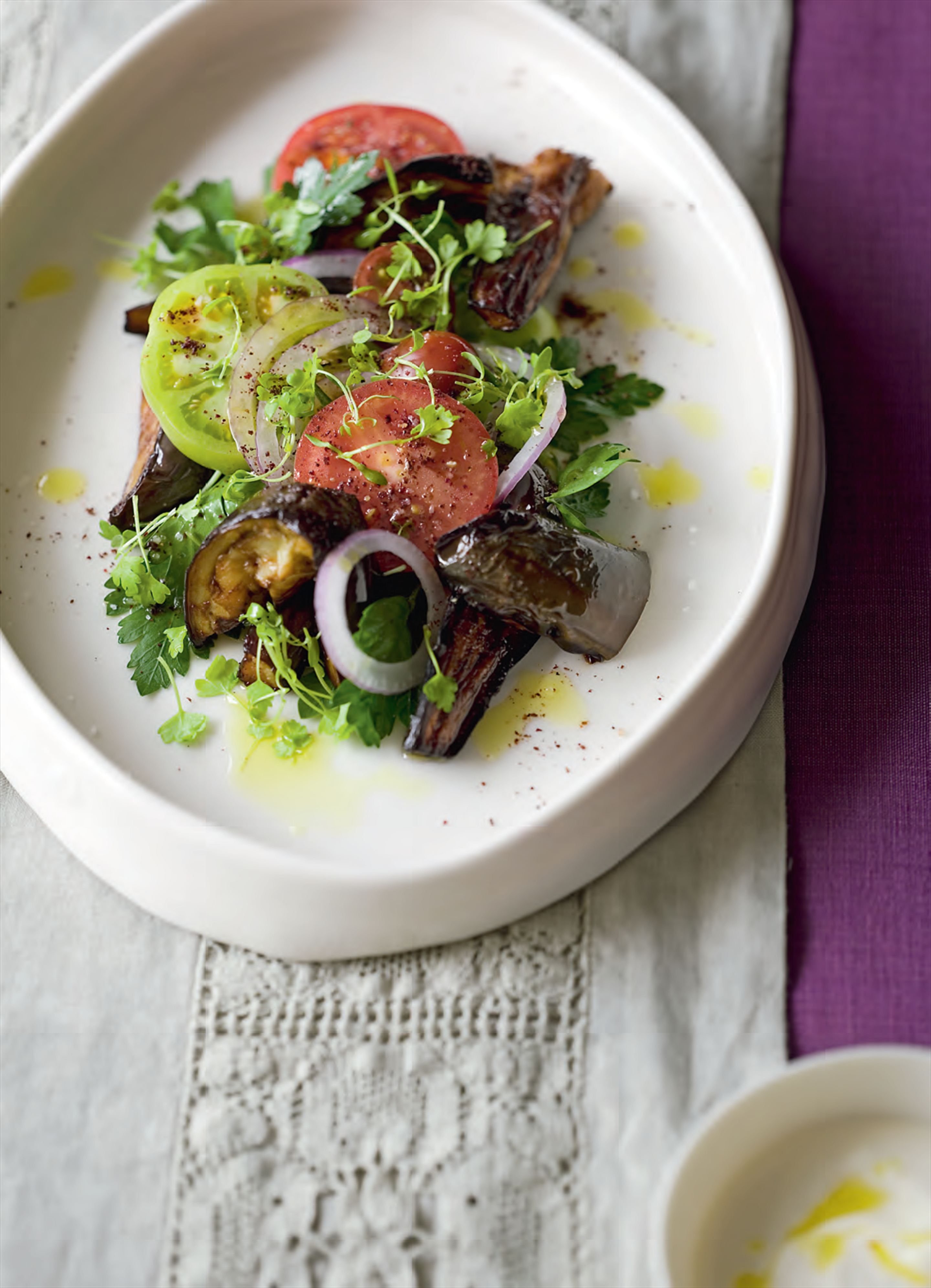 Eggplant and tomato salad with tahini–yoghurt dressing