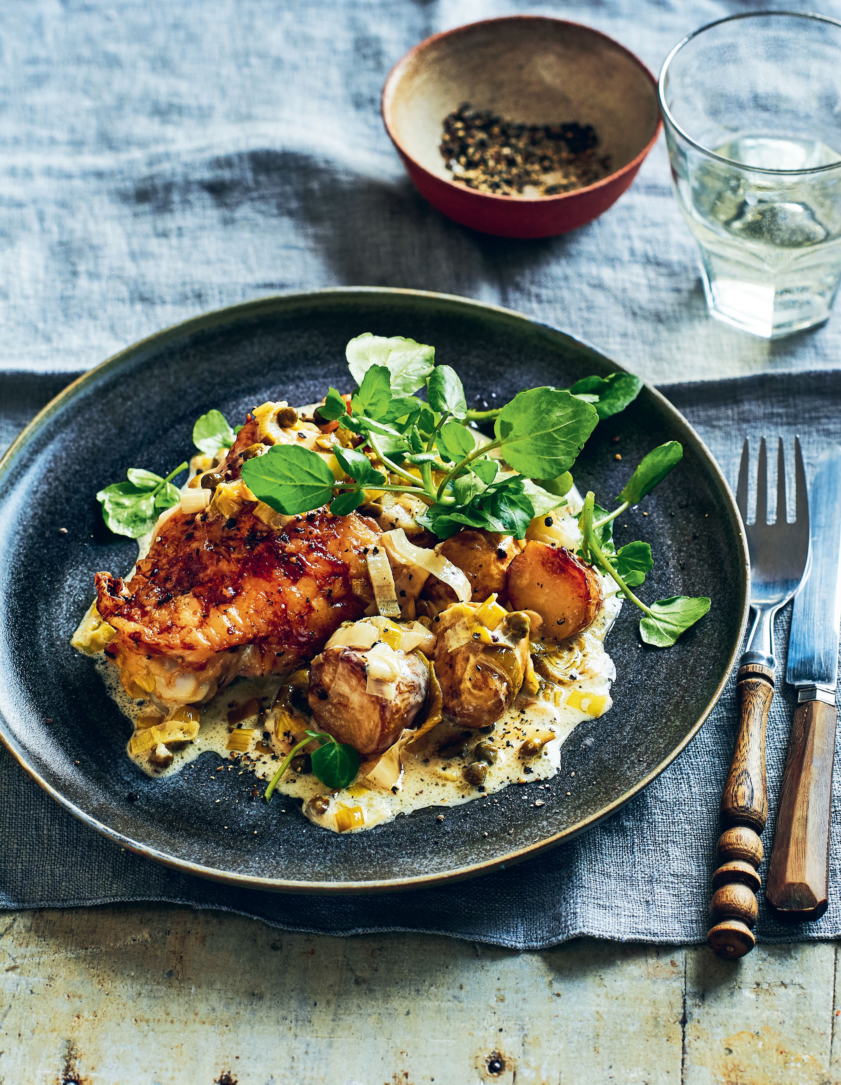 Chicken thighs with creamy leek and caper sauce