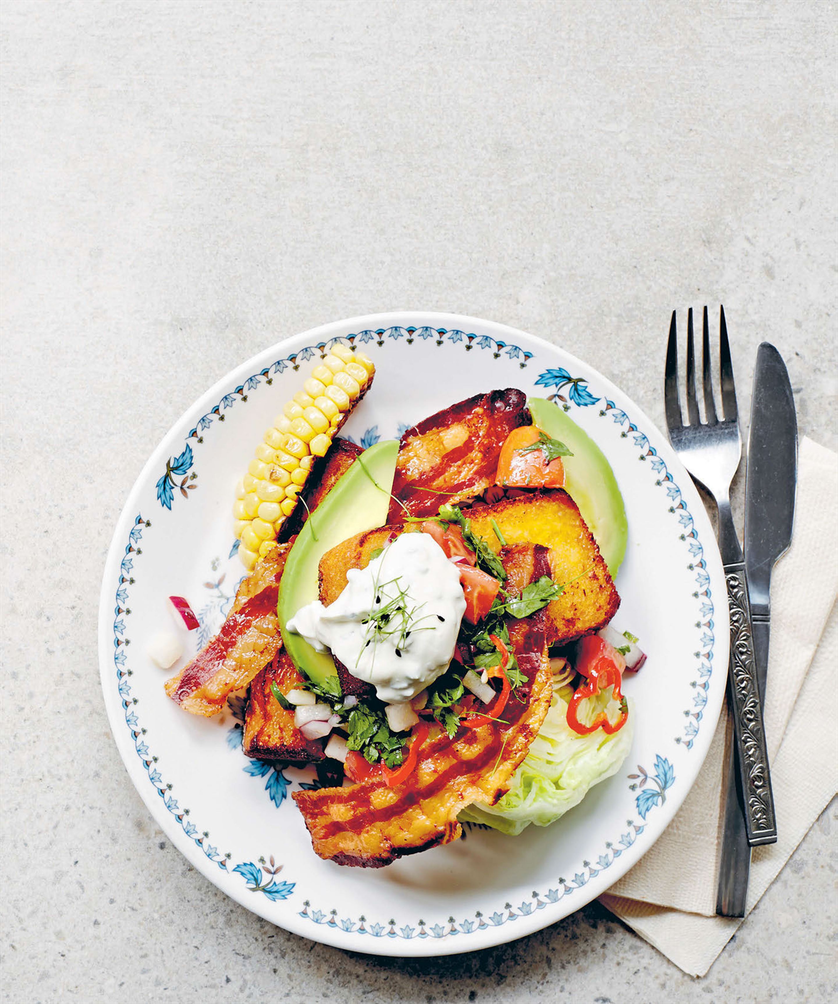 Sweetcorn French toast with pancetta & avocado