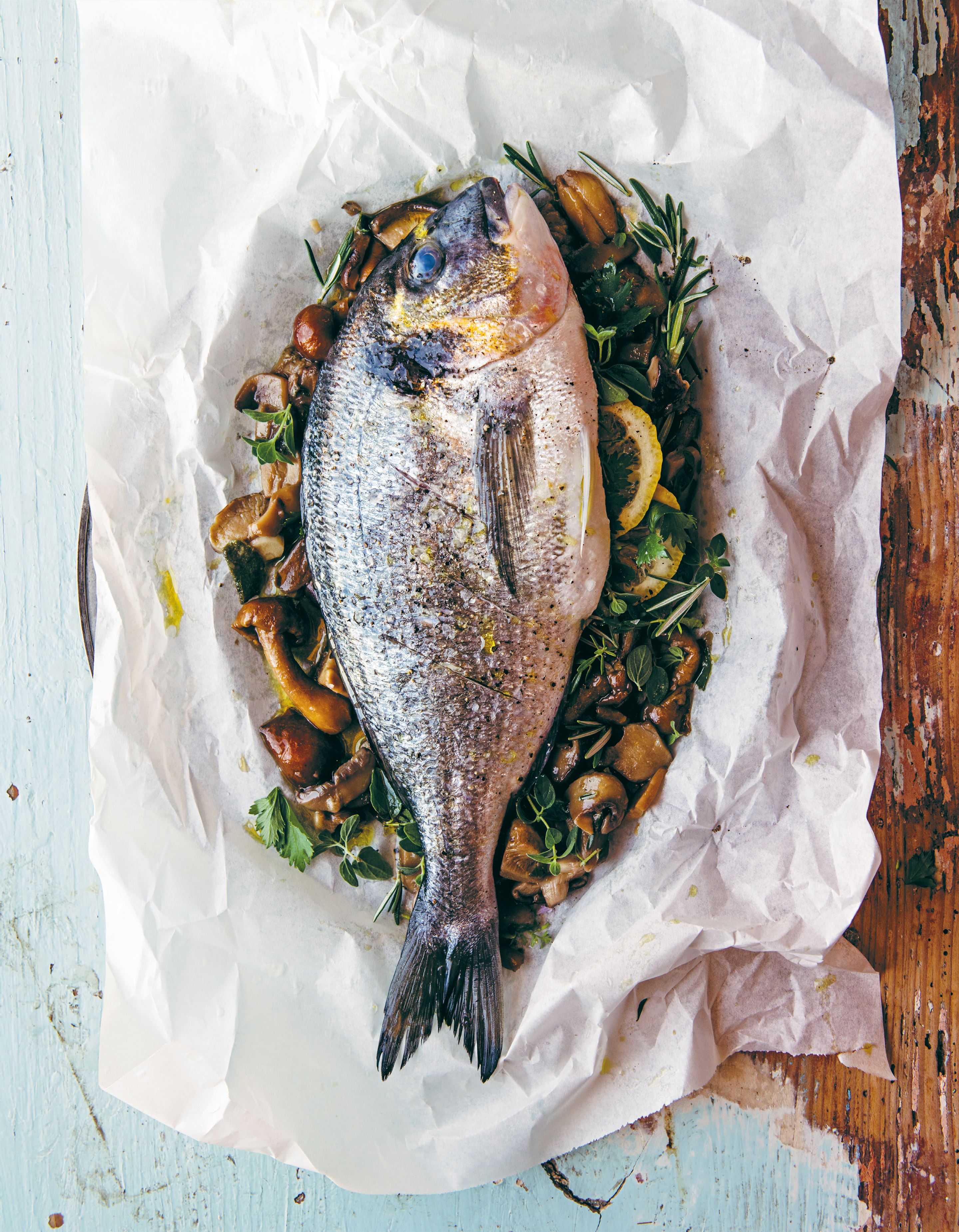 Paper-baked sea bream with mushrooms