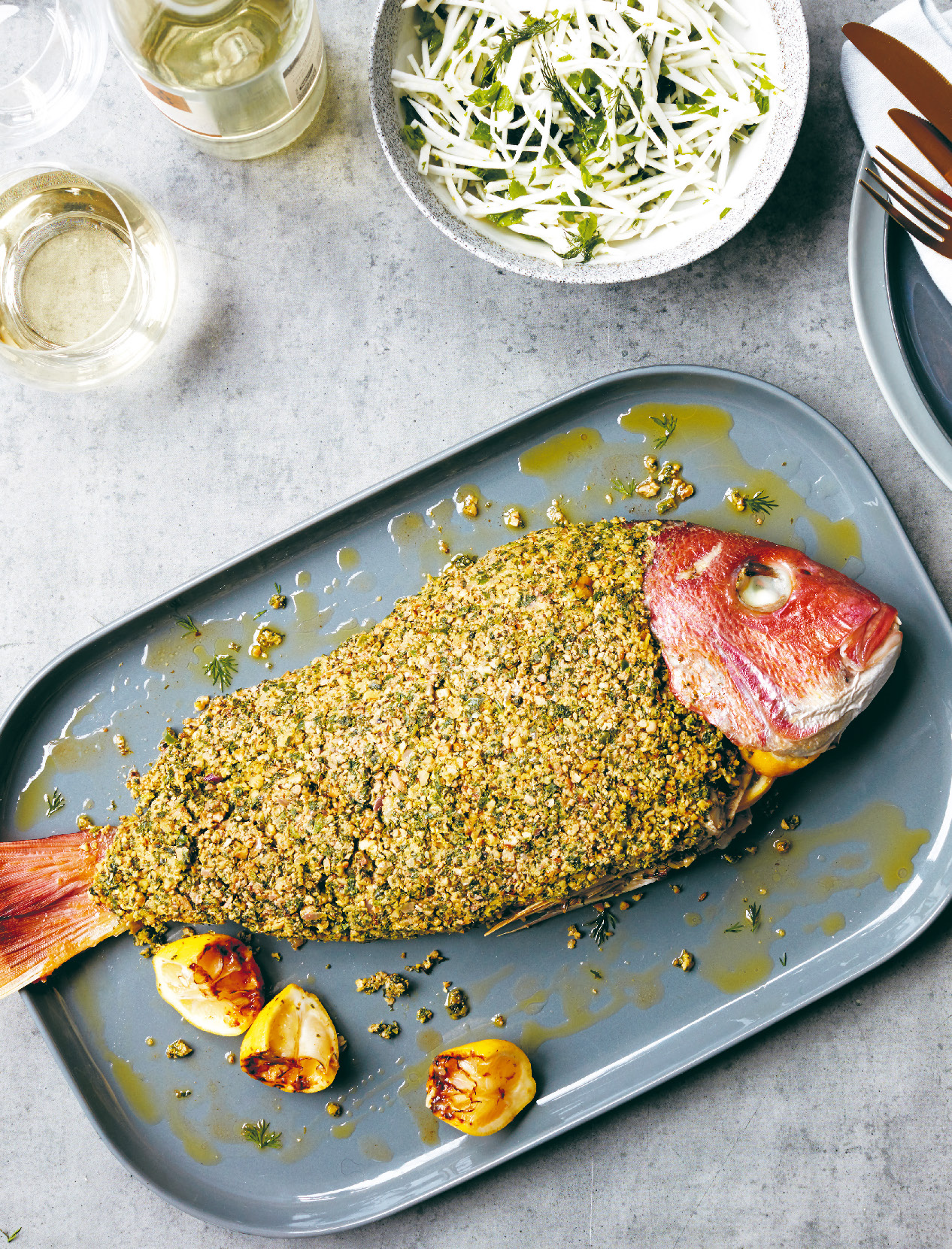 Walnut crusted whole snapper