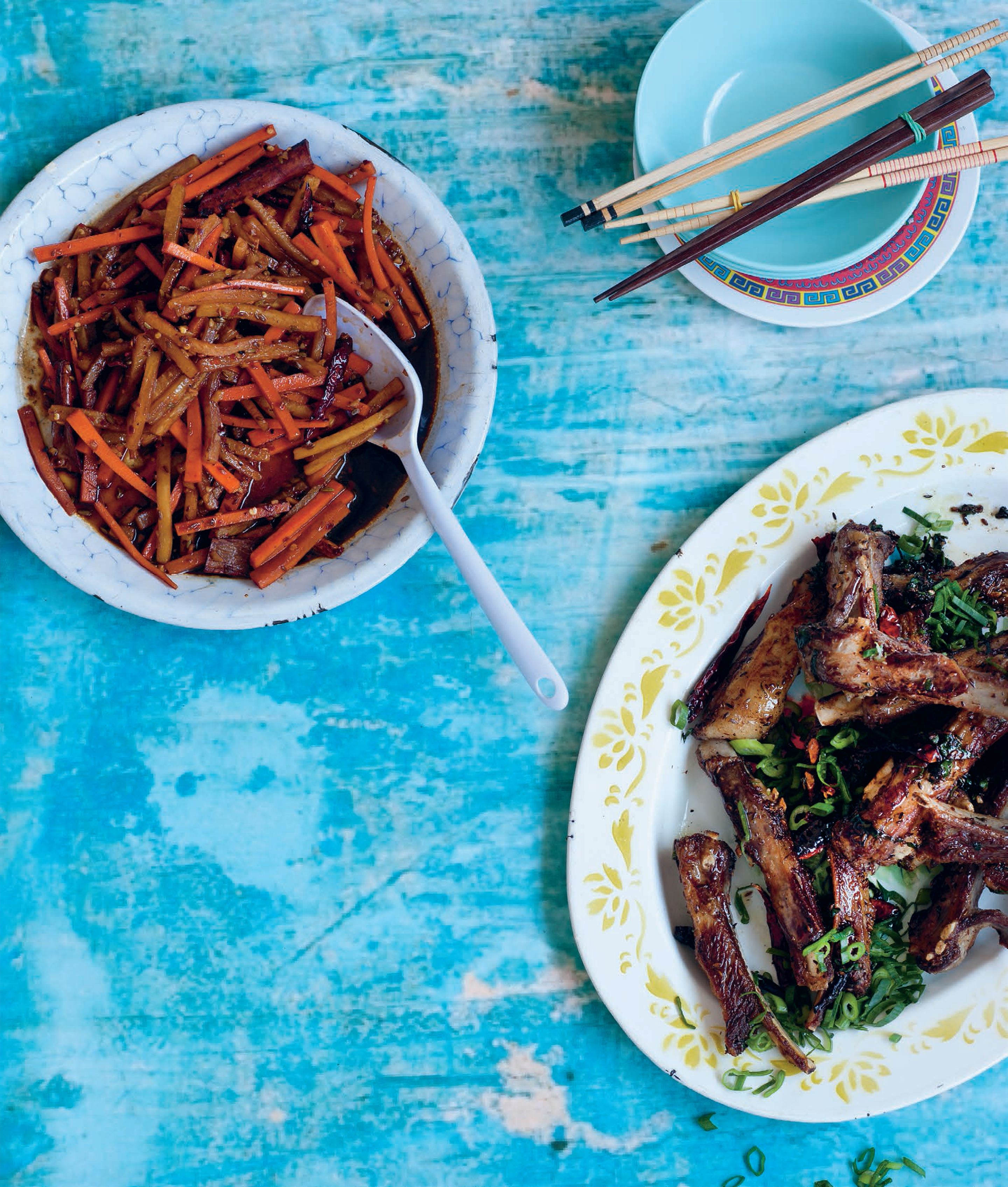 Crisp lamb ribs with cumin, spring onions and chillies