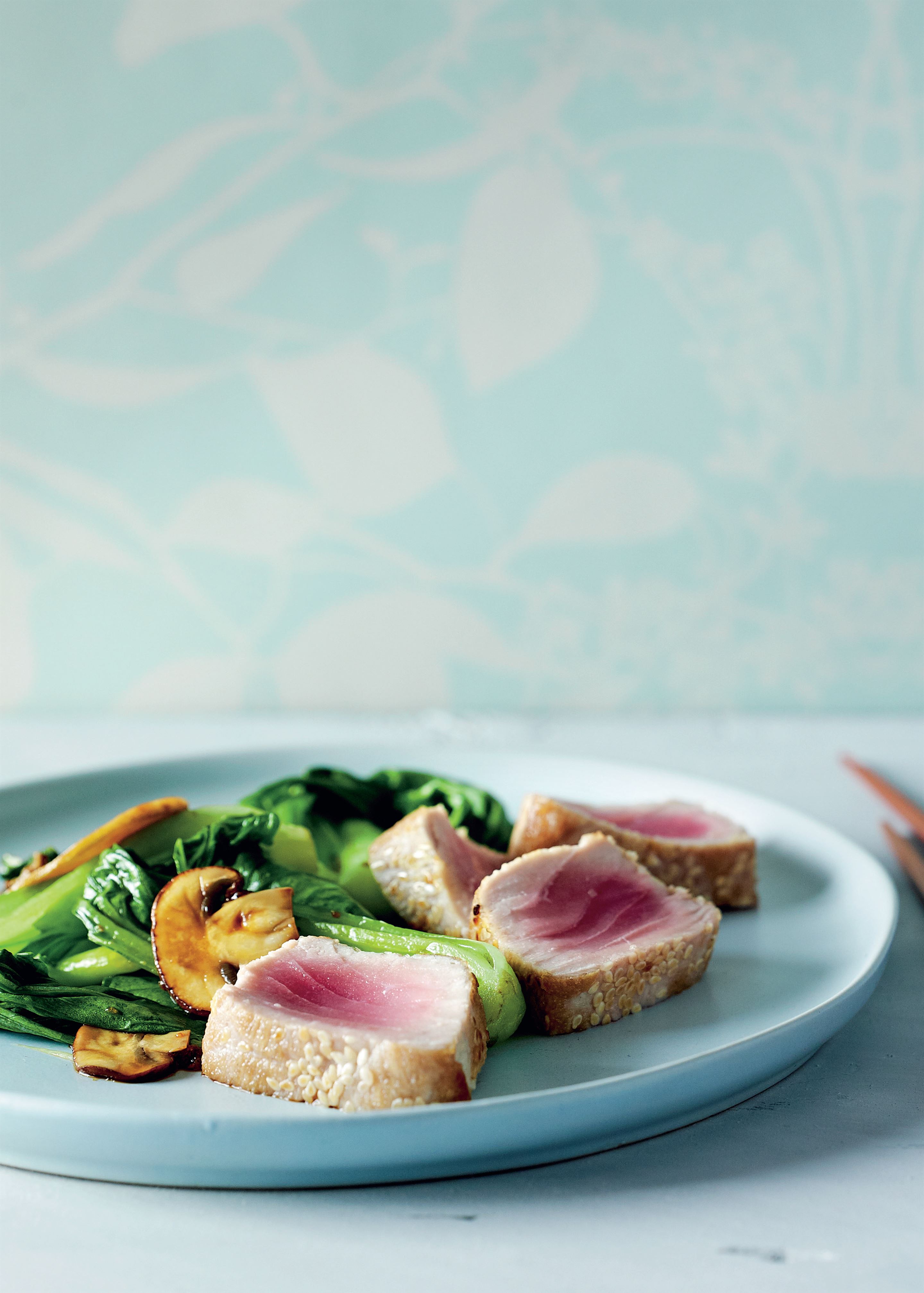 Seared tuna with stir-fried Asian greens
