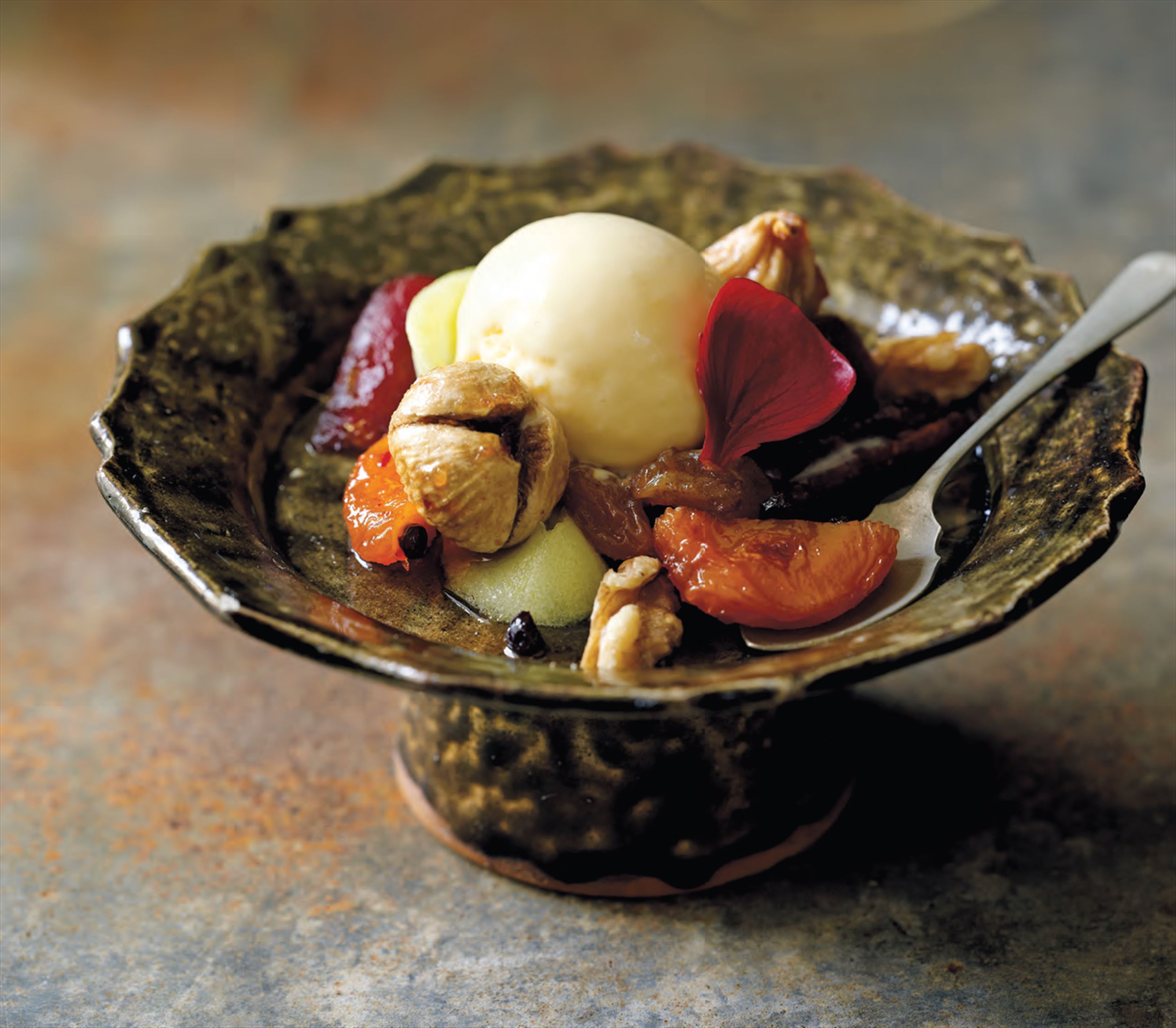 Buttermilk ice-cream with dried fruit compote